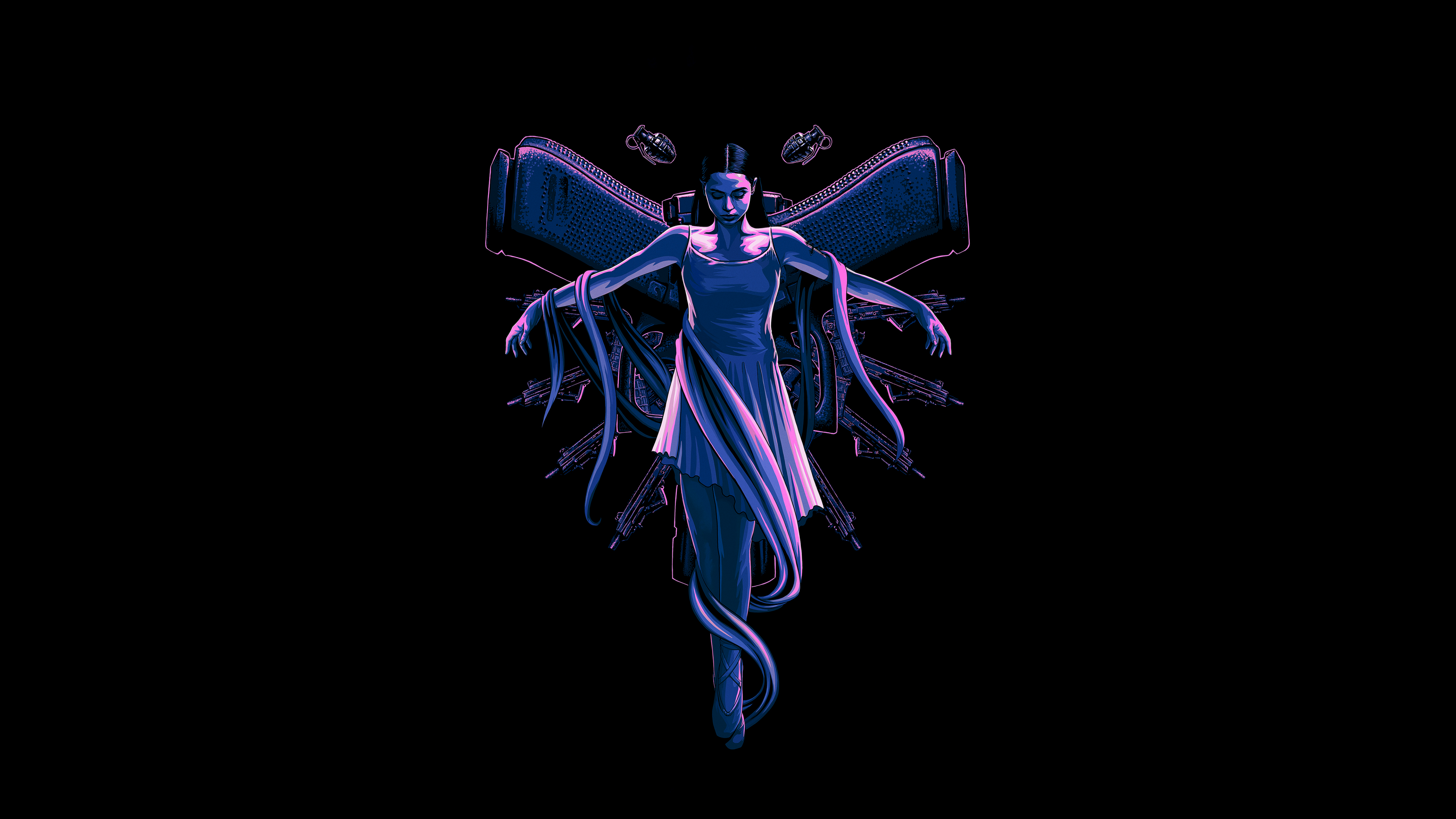 A high-contrast 5K digital illustration of Ana de Armas as featured in the 2025 movie Ballerina, utilizing deep AMOLED-style blacks.