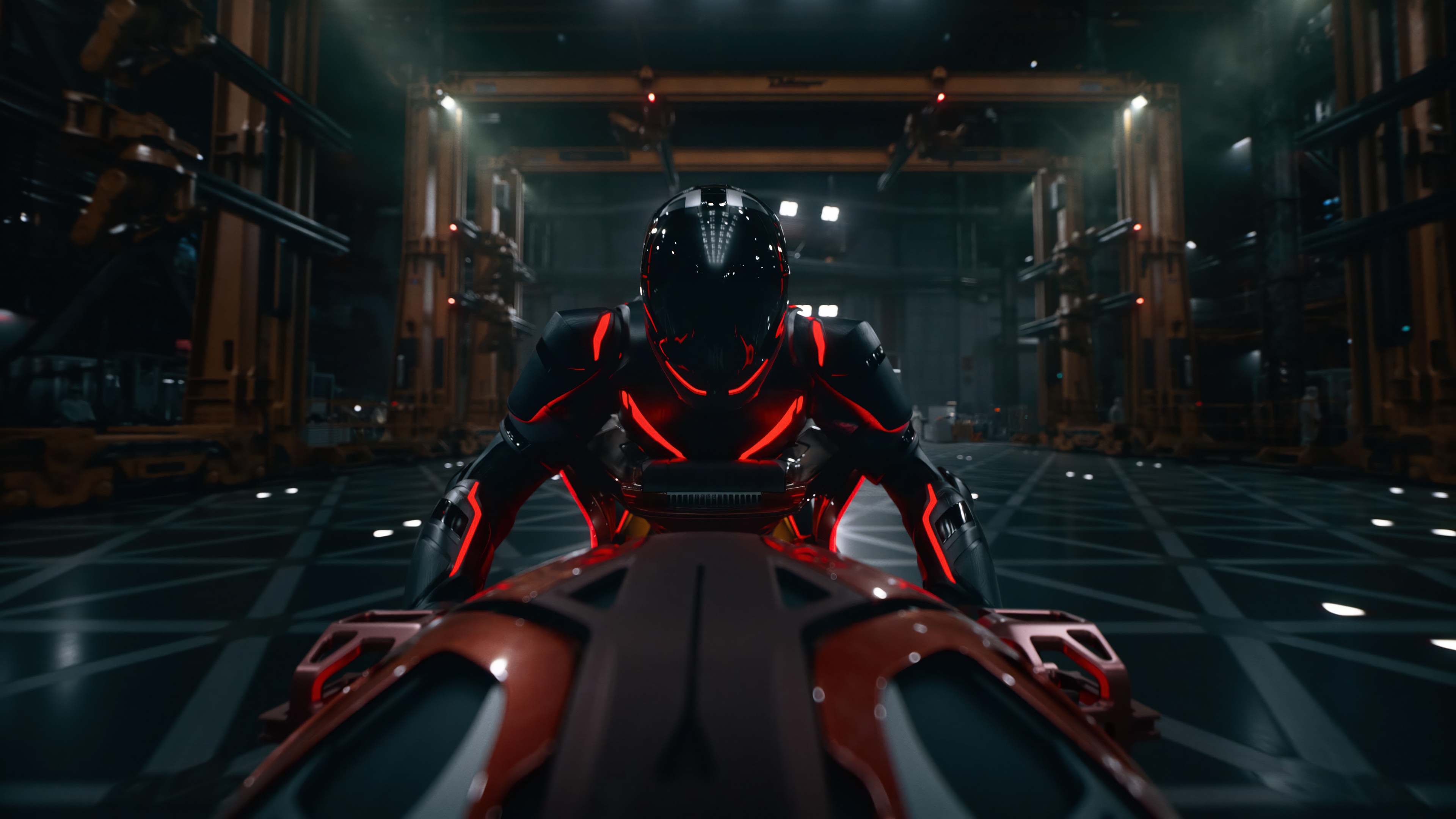 A futuristic character wearing intricate neon-lit armor in a dark, digital environment inspired by Tron: Ares.