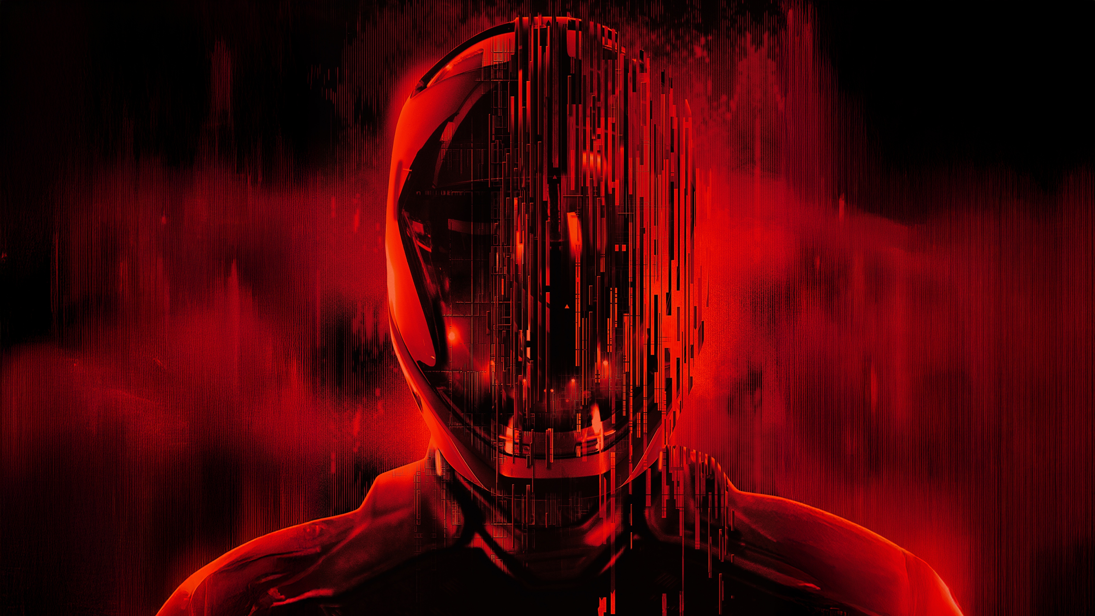 A high-resolution close-up of Ares from Tron: Ares featuring a red glitch effect on a dark background.