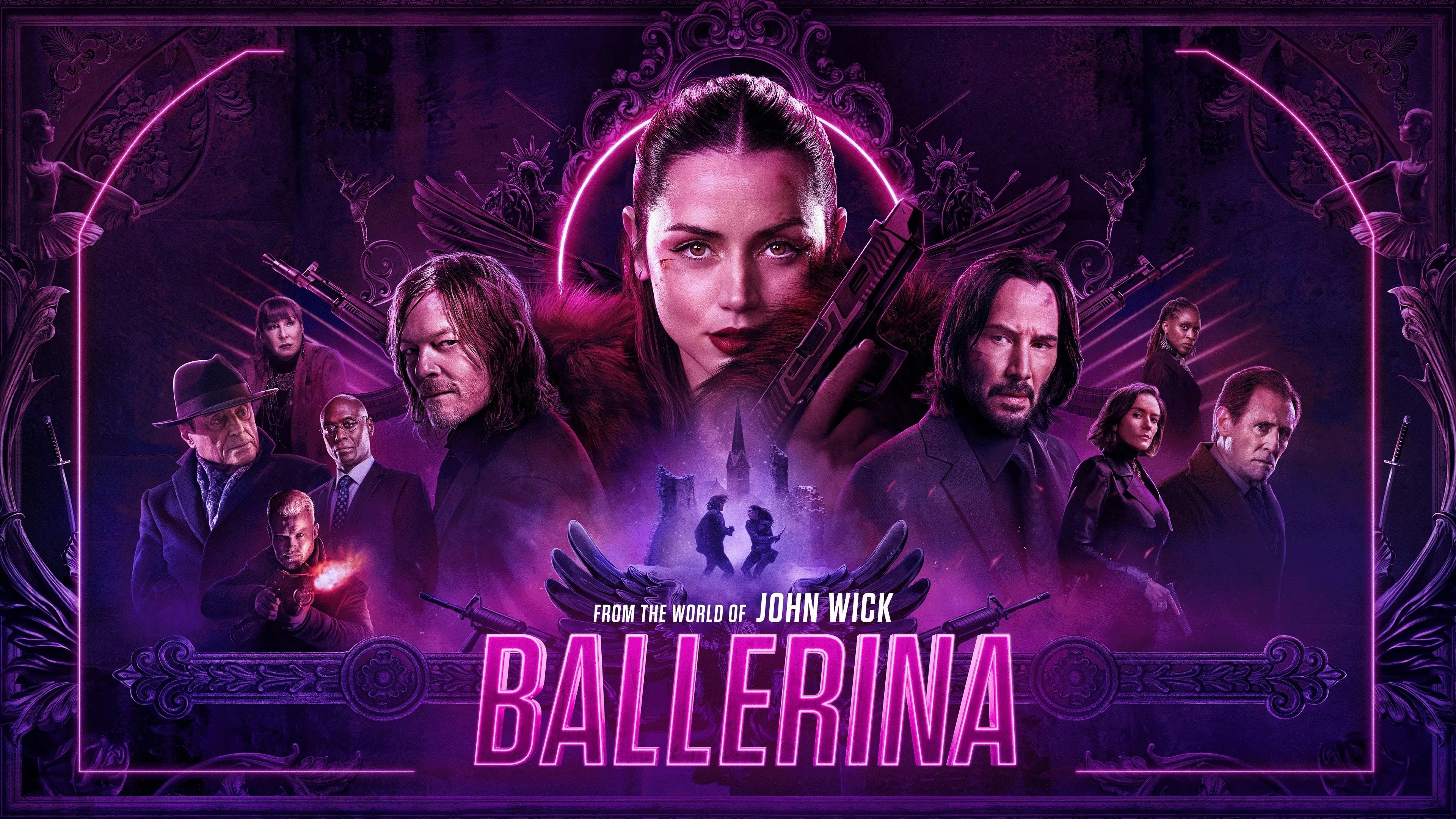 A cinematic movie poster for the 2025 film Ballerina featuring Ana de Armas with a deep purple aesthetic.