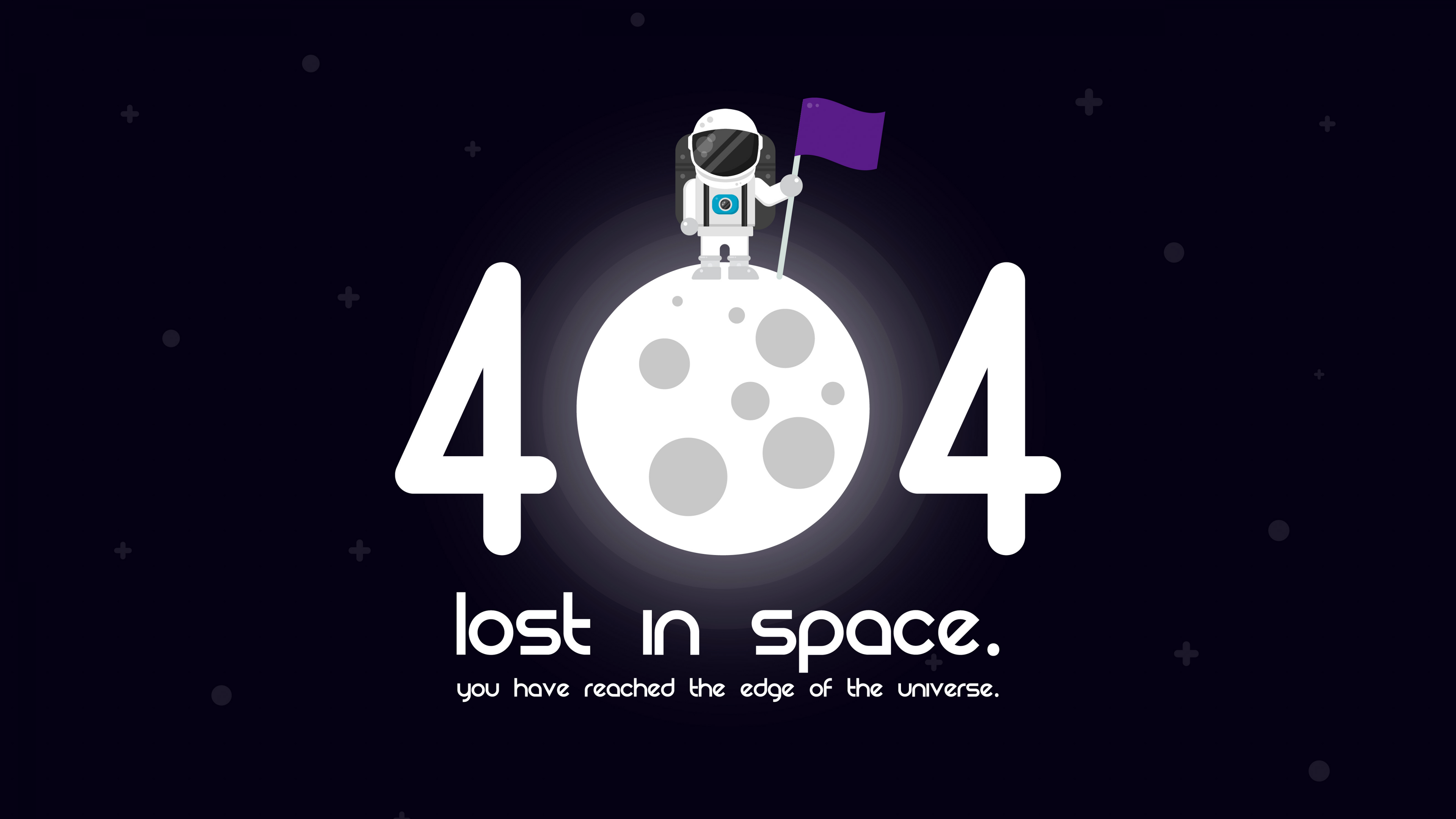 A detailed illustration of an astronaut floating in deep purple space near the moon, symbolizing a cosmic 404 error.