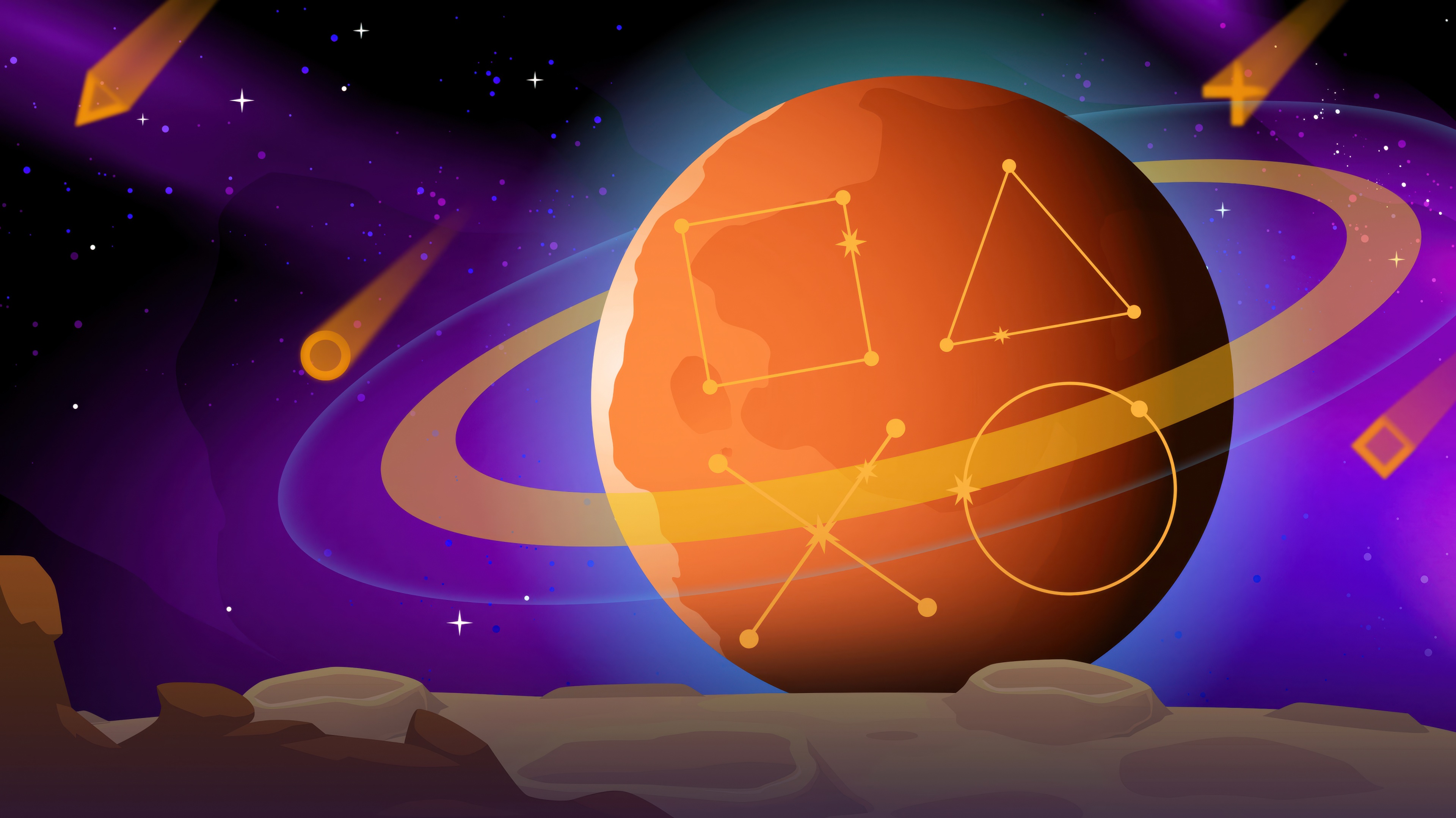 A high-tech futuristic illustration of a space traveler amidst the glowing rings of Saturn in deep outer space.