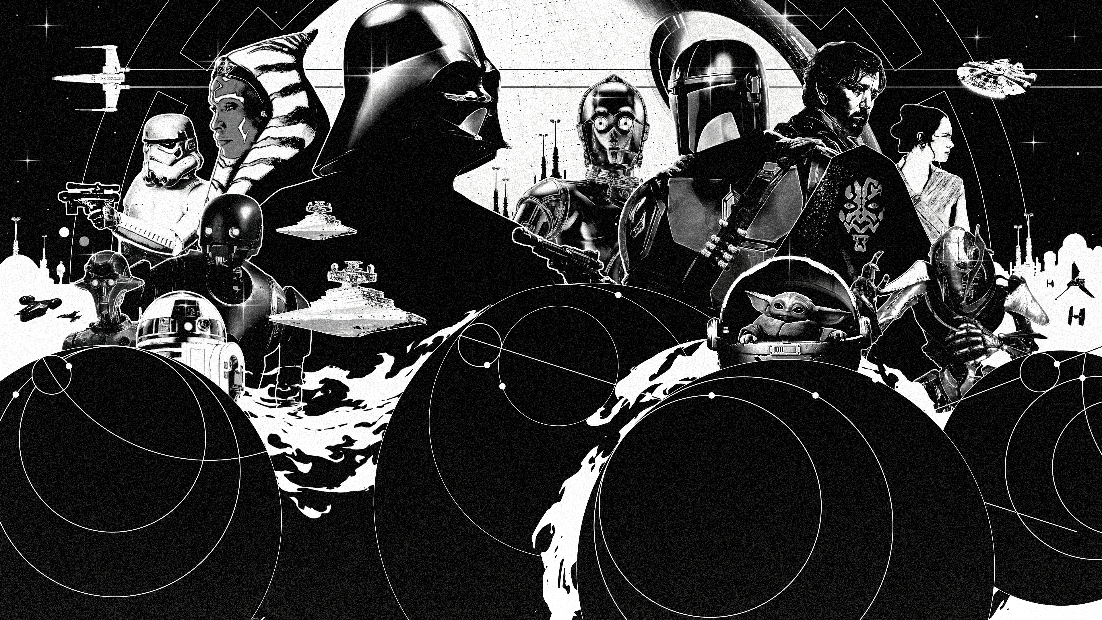 A high-contrast, monochrome close-up of Darth Vader's helmet from Star Wars.