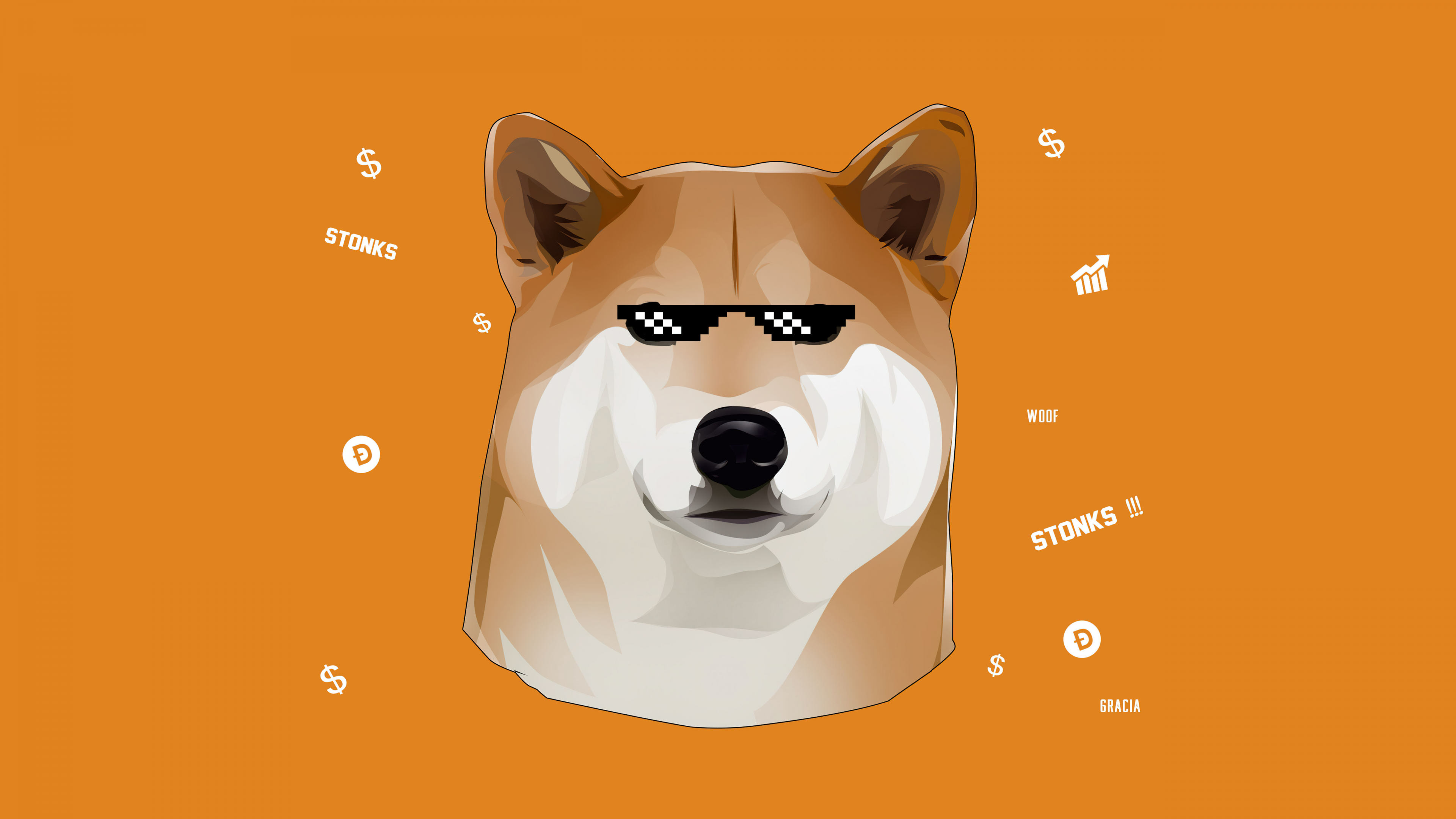 The famous Doge Shiba Inu character from the Dogecoin meme on a bright yellow background.