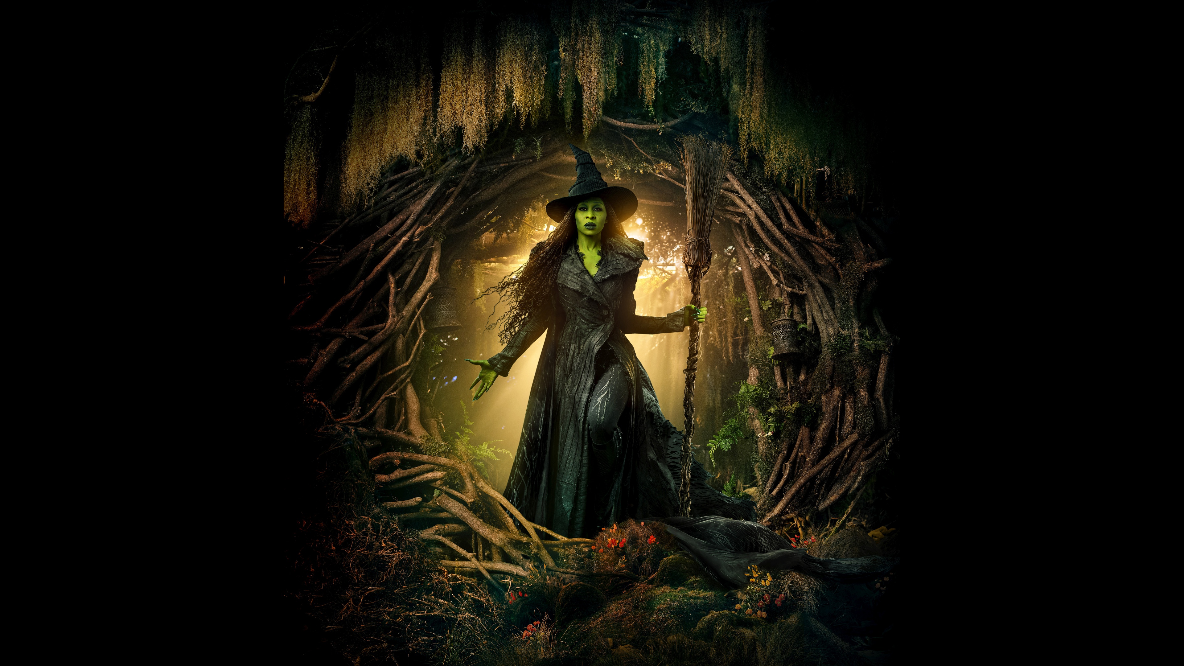 Cinematic close-up portrait of Elphaba Thropp, played by Cynthia Erivo, in the 2025 film Wicked.