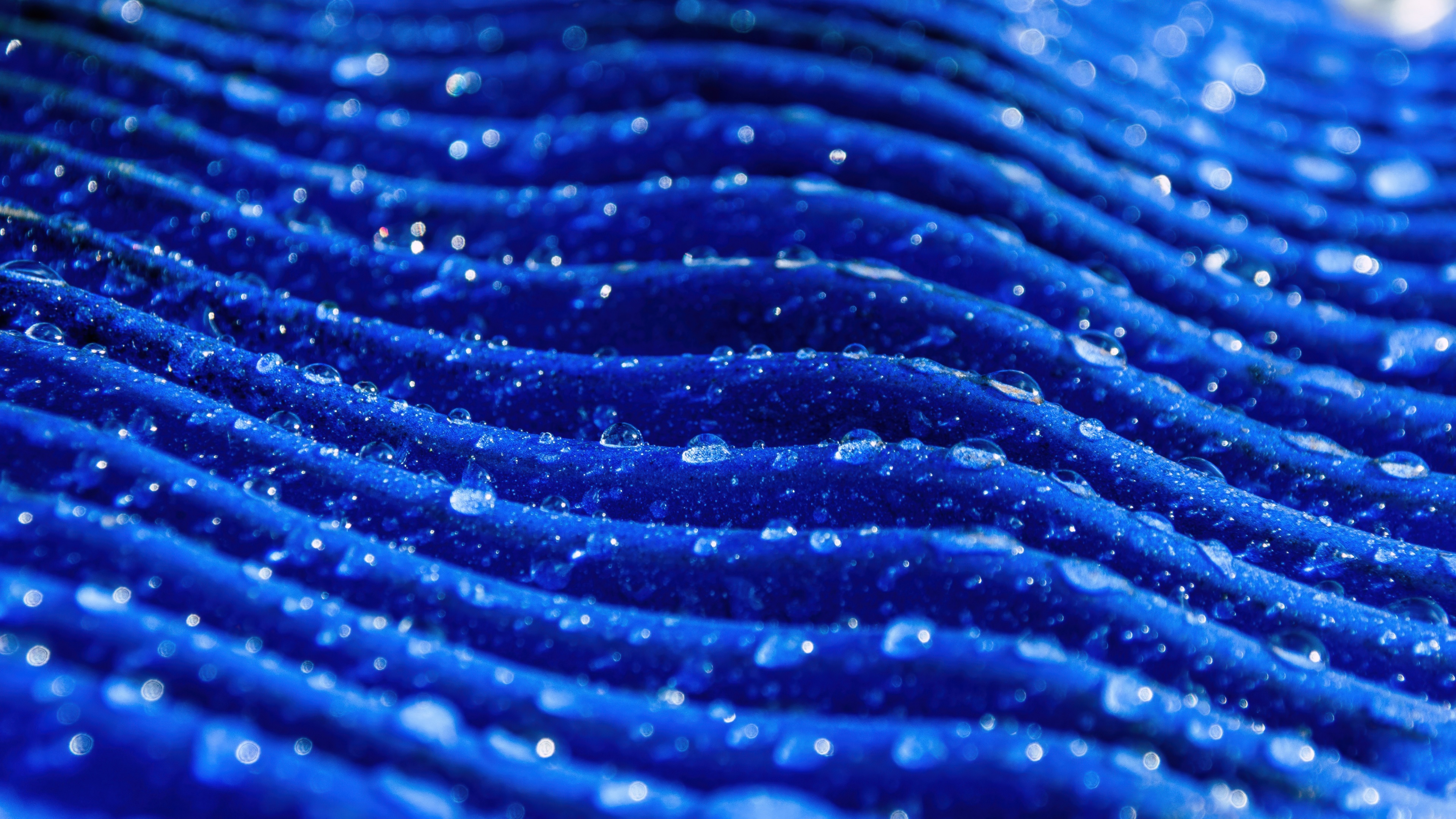 Macro photography of clear water droplets and dew drops against a solid blue background.