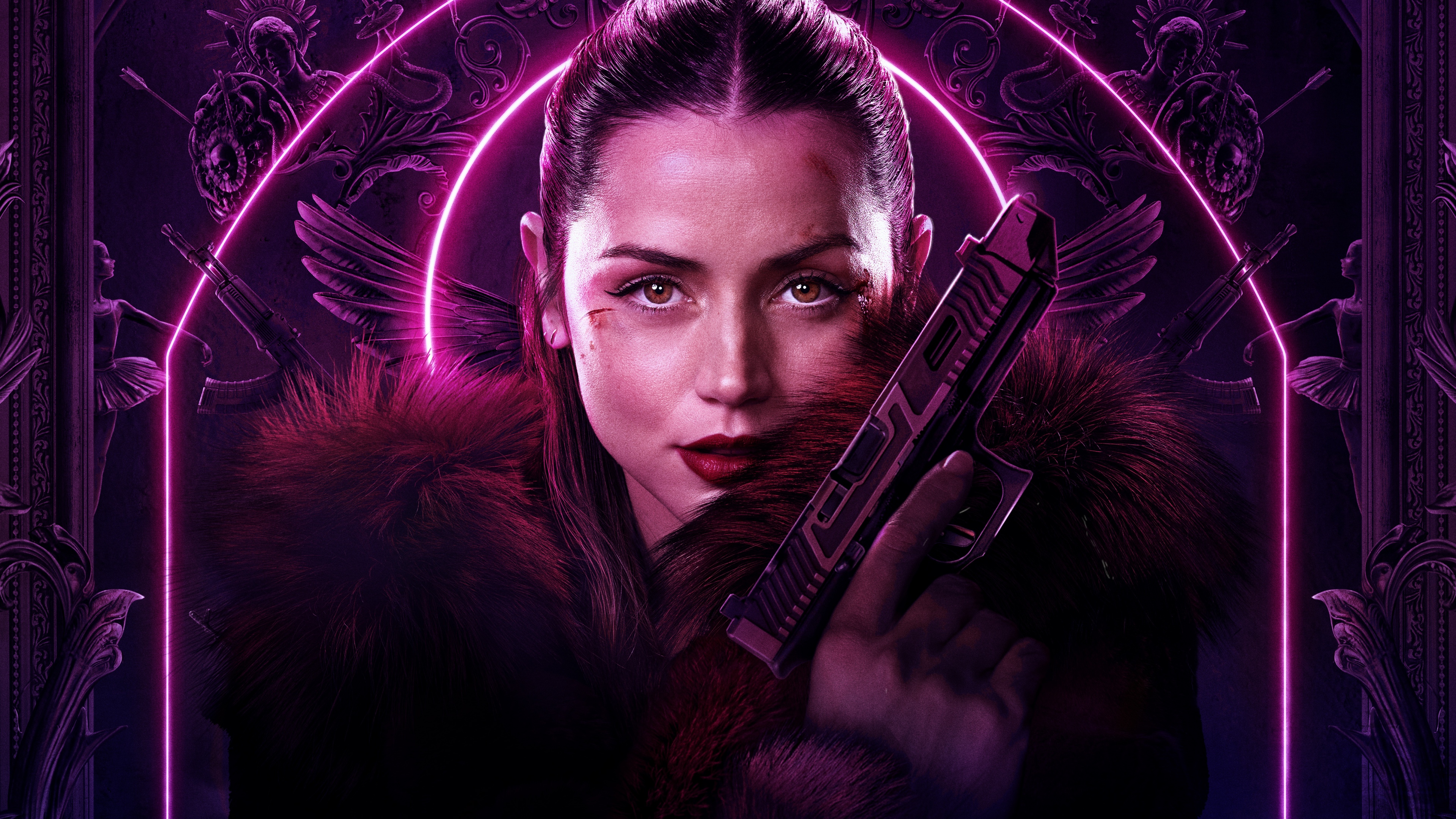 A cinematic portrait of Ana de Armas as Eve in a neon pink ballet aesthetic from the movie Ballerina.