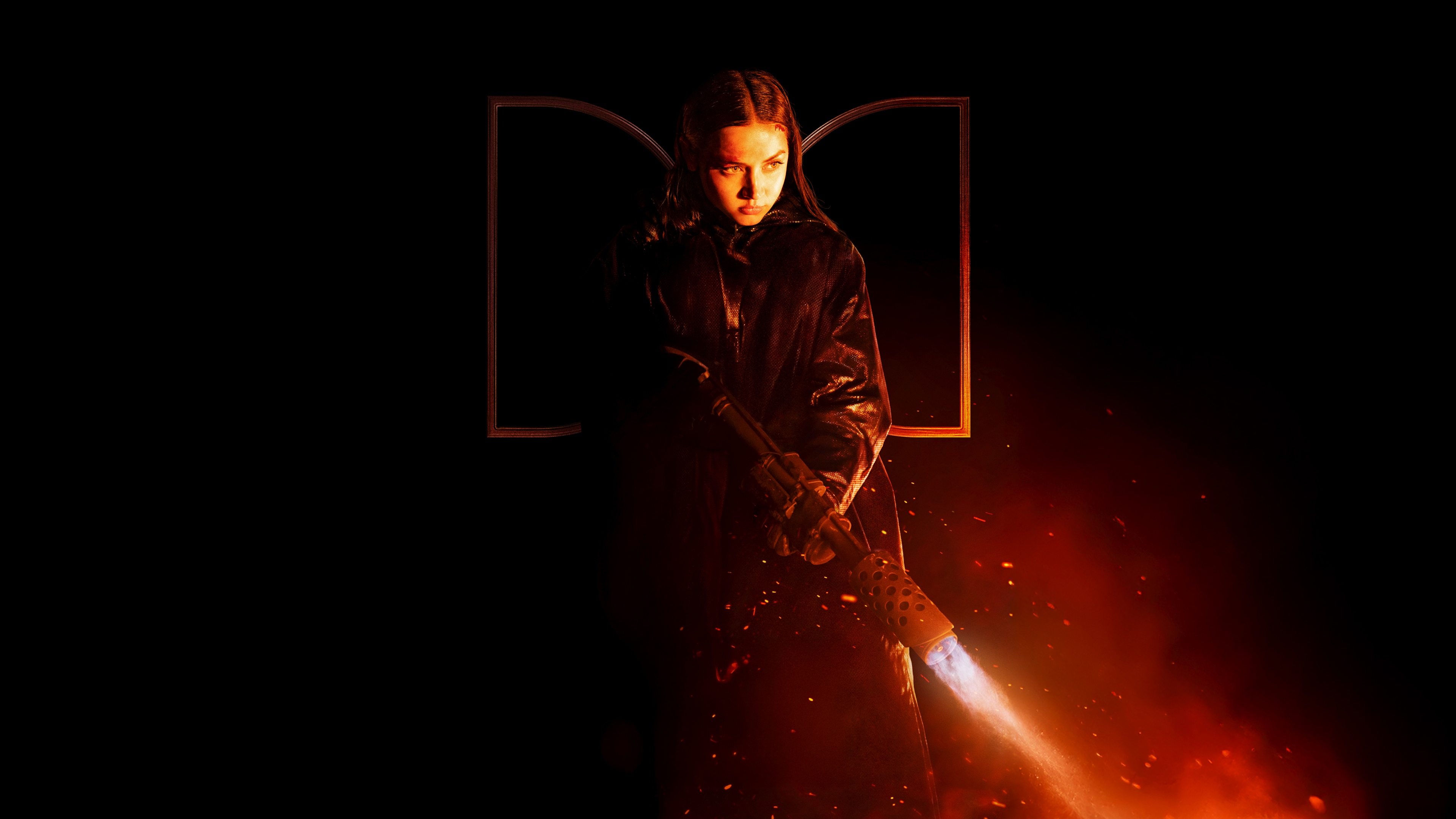 Cinematic portrait of Eve (Ana de Armas) from the movie Ballerina featuring intense fire effects and a black background.