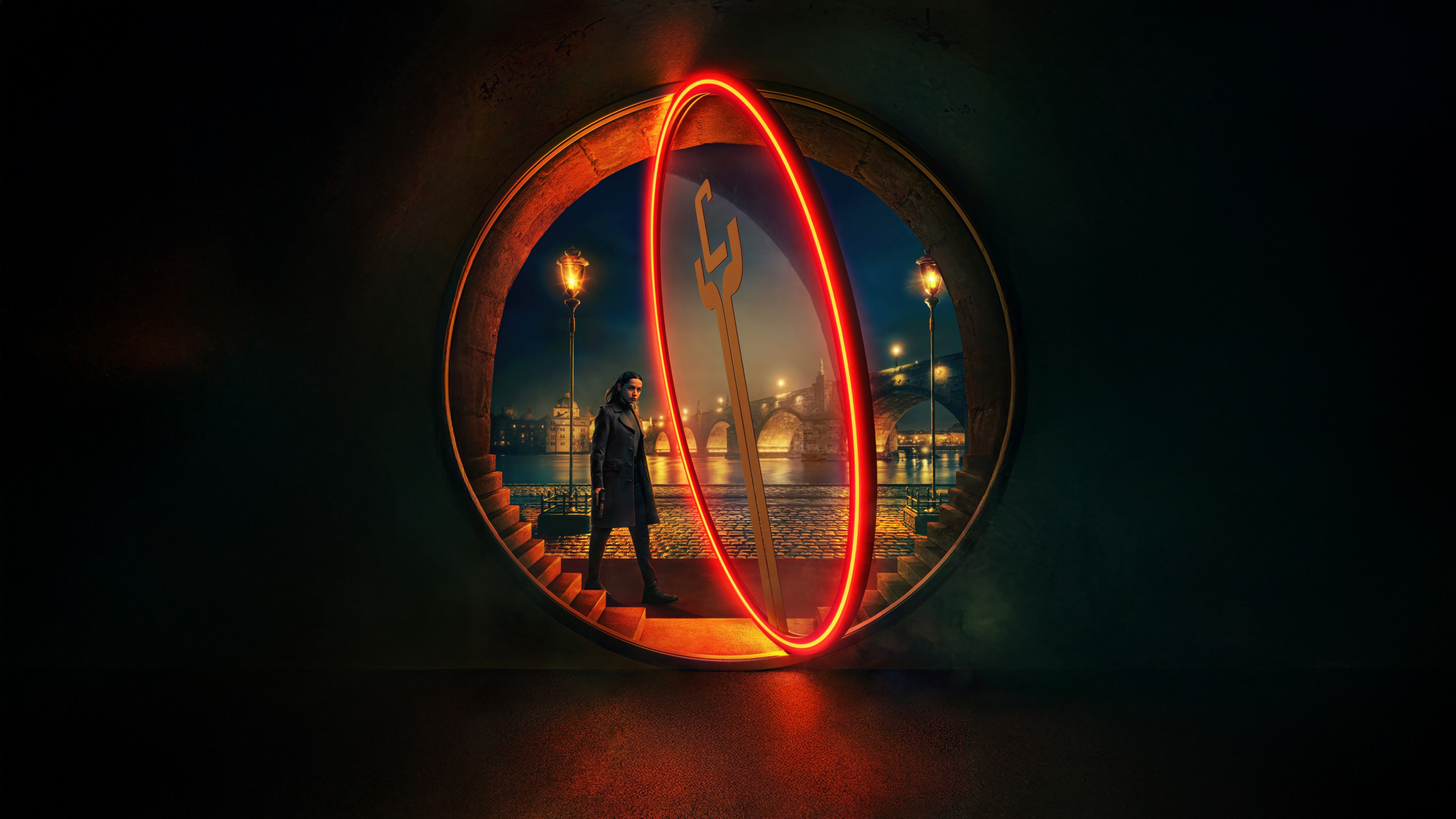 A glowing, neon-lit cinematic portrait of Ana de Armas as Eve Macarro in the movie Ballerina.