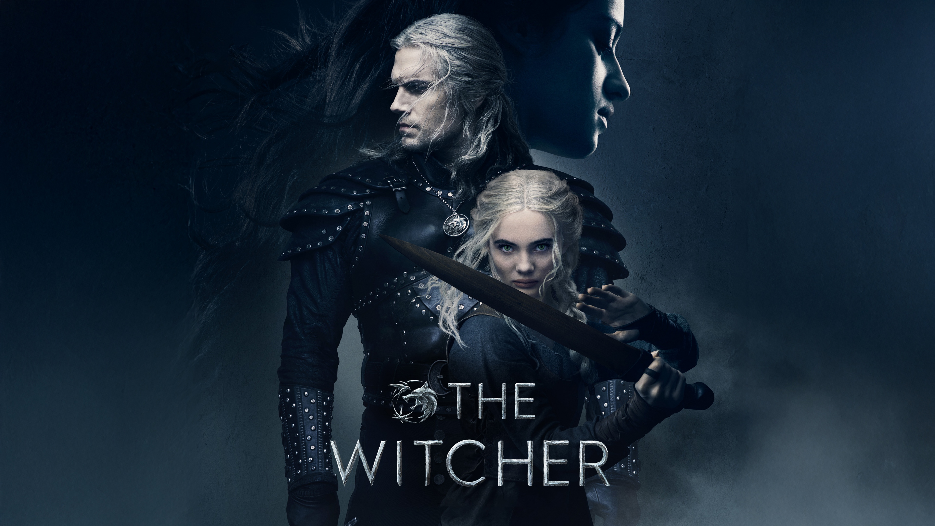 A cinematic portrait of Geralt of Rivia from the Netflix series The Witcher.