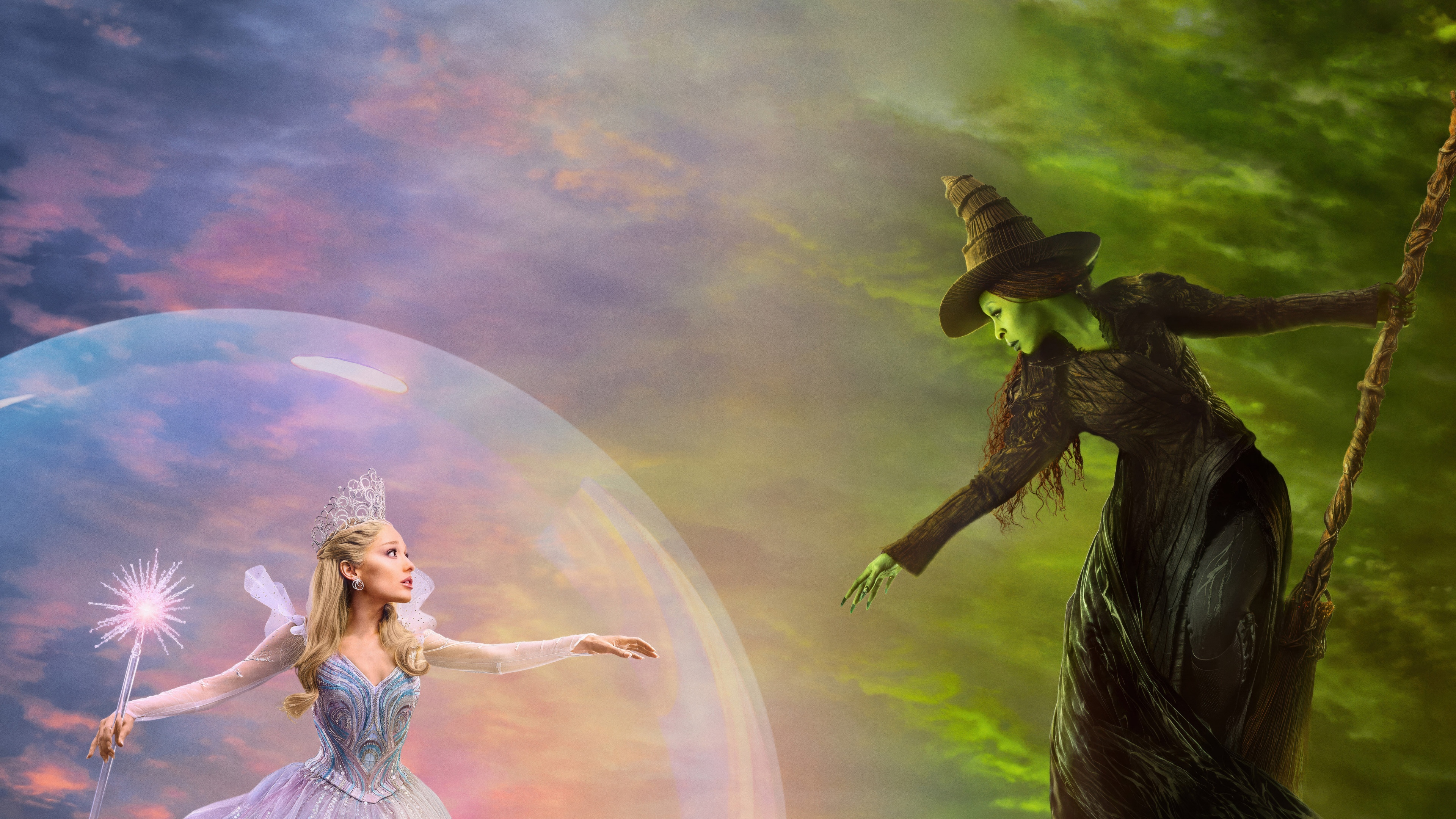 Cinematic movie poster featuring the characters Elphaba Thropp and Glinda from the film Wicked.