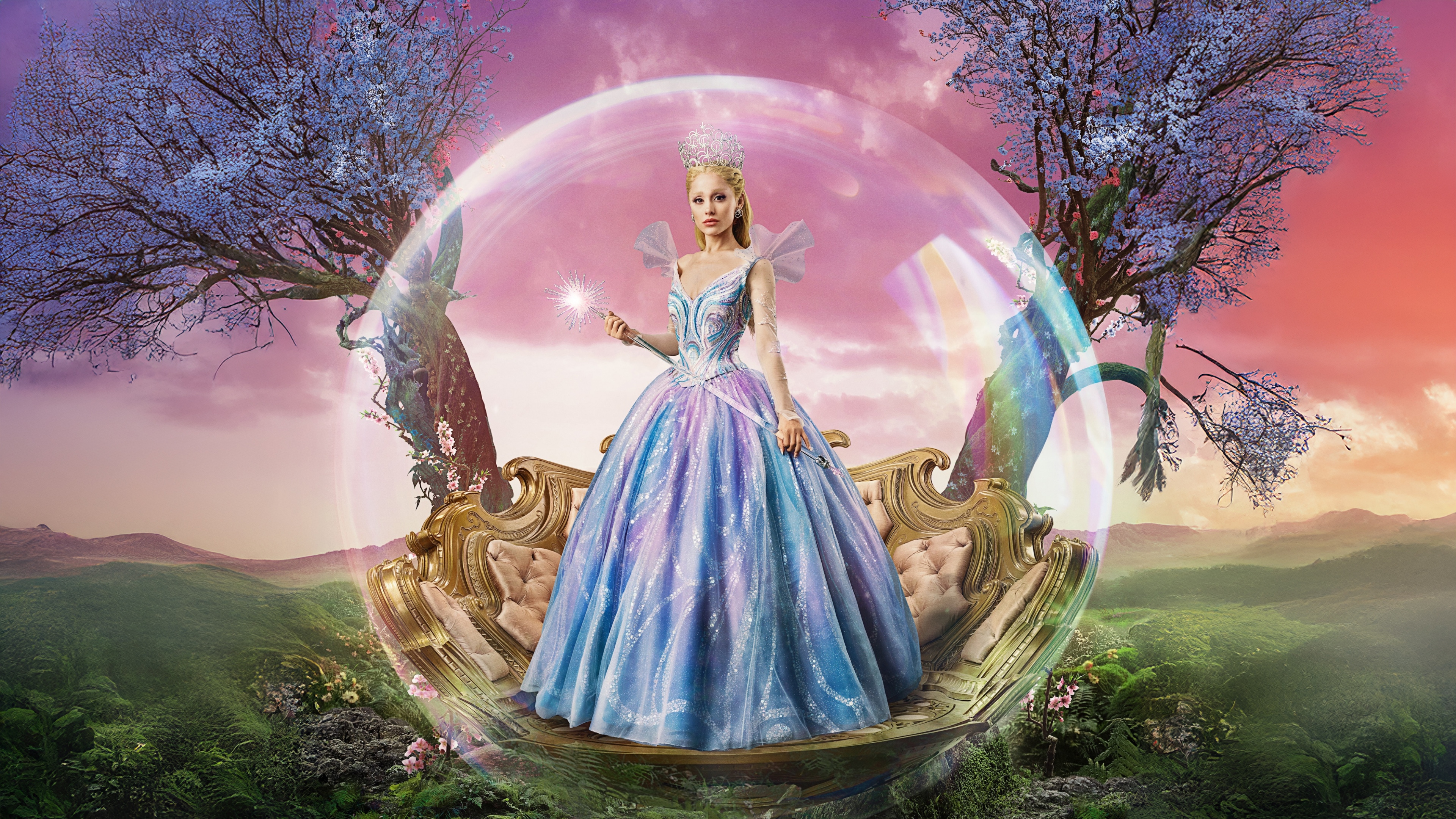 A cinematic portrait of Glinda from the 2025 movie Wicked, featuring Ariana Grande.