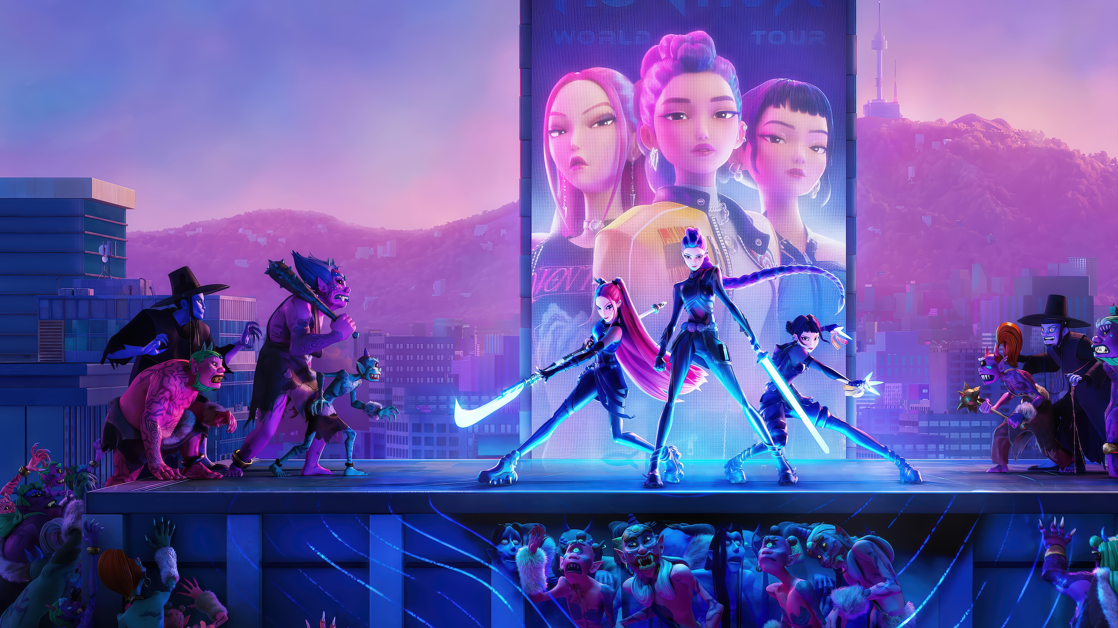 The K-Pop trio Rumi, Mira, and Zoey from the animated movie Huntrix, posing as demon hunters.