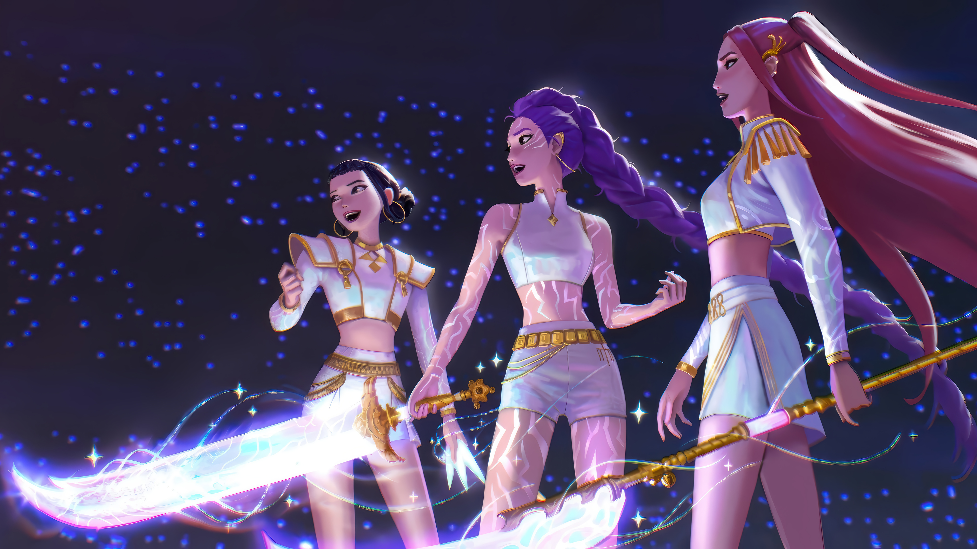 Three stylish KPop demon hunters, R0umi, Mira, and Zoey from the group Huntrix, posing with intense expressions and modern tactical fashion.