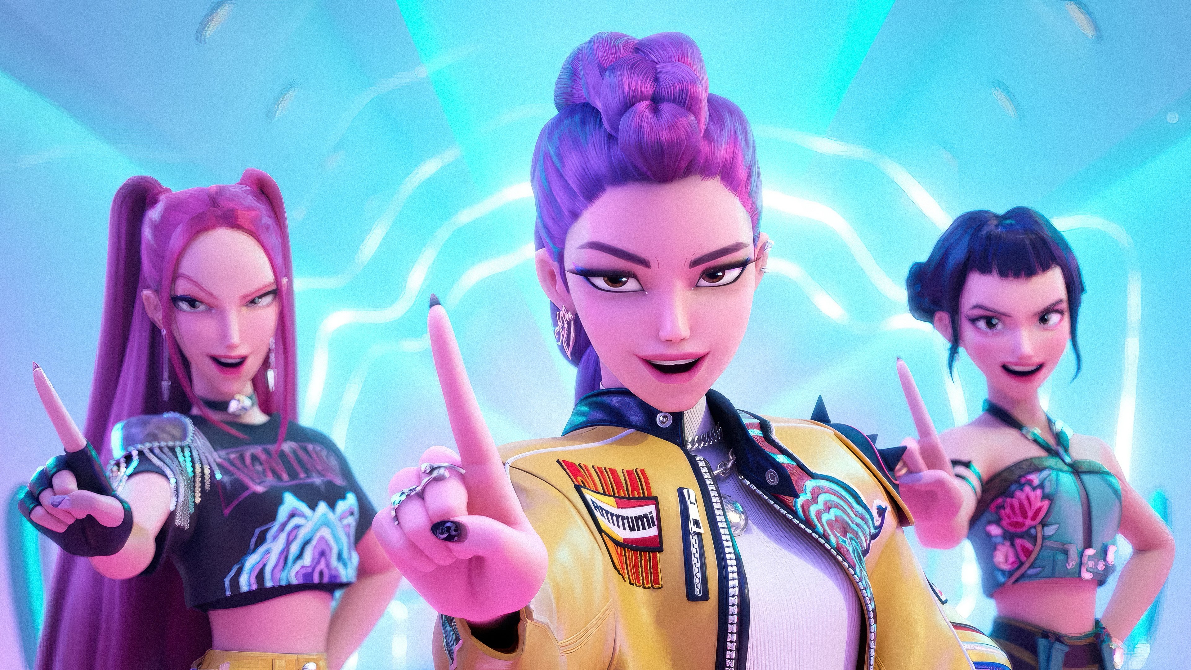 The K-Pop demon hunting group Huntrix, featuring members Rumi, Mira, and Zoey in a stylized, powerful pose.