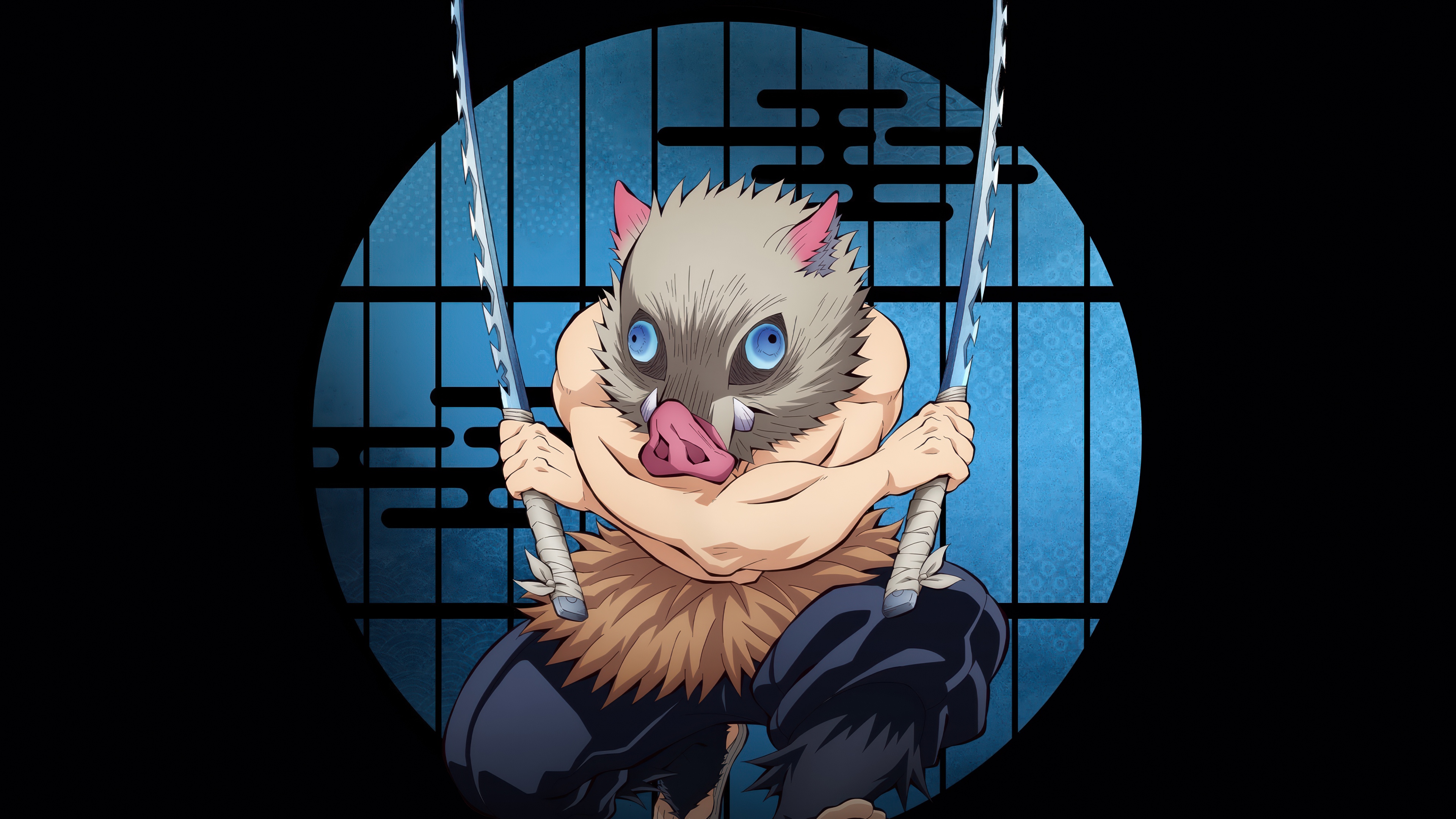 Cinematic anime portrait of Inosuke Hashibira from Demon Slayer: Kimetsu No Yaiba against a dark background