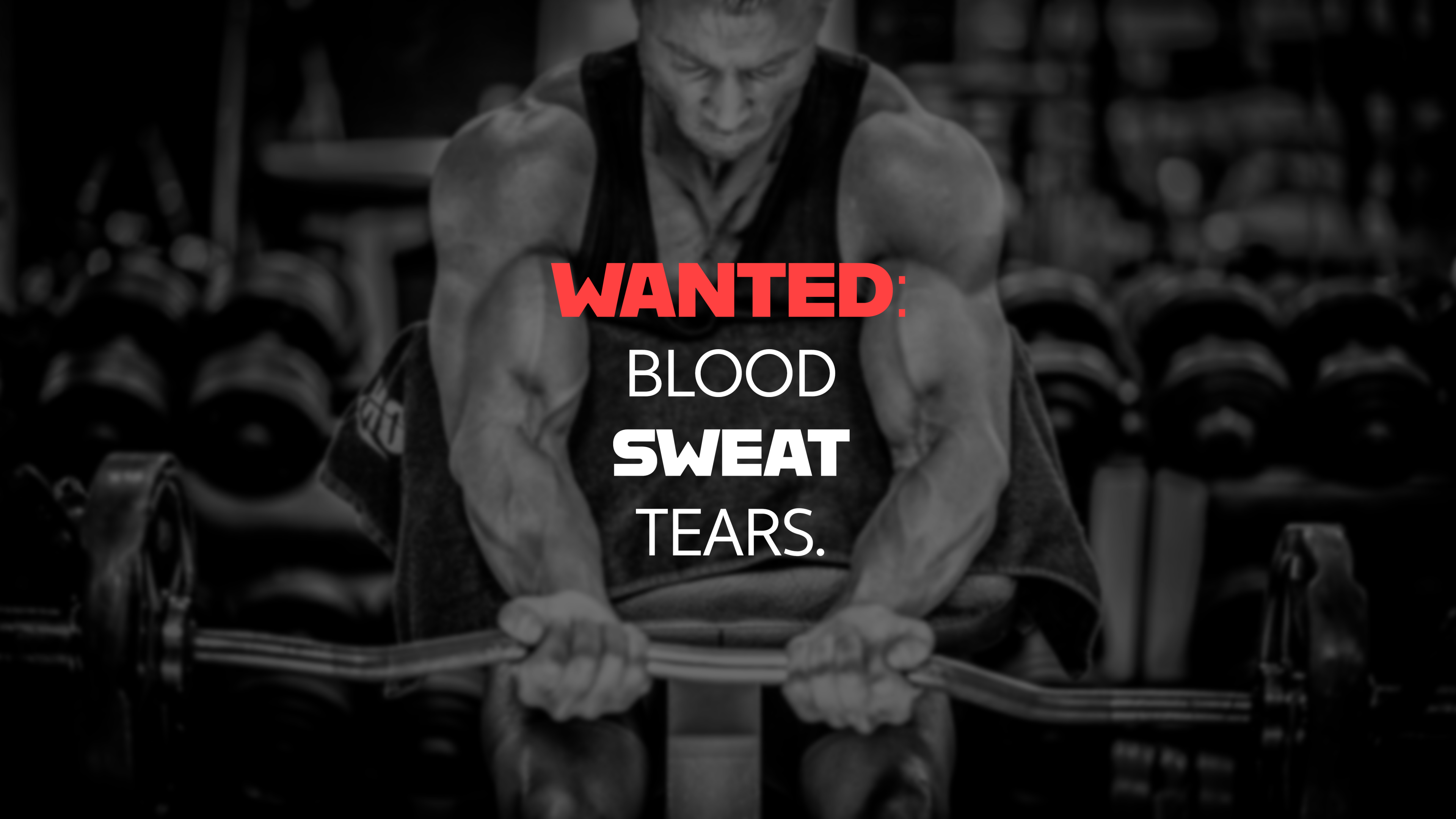 A muscular bodybuilder performing a dumbbell workout in a high-contrast monochrome setting with motivational fitness text.