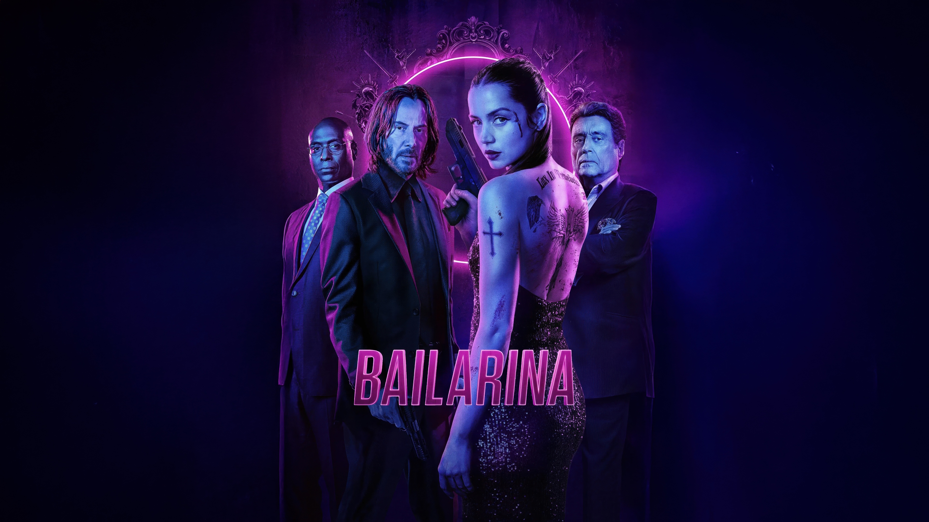A cinematic action movie poster featuring Keanu Reeves as John Wick and Ana de Armas as Ballerina, set against a dark background with vibrant neon purple lighting.