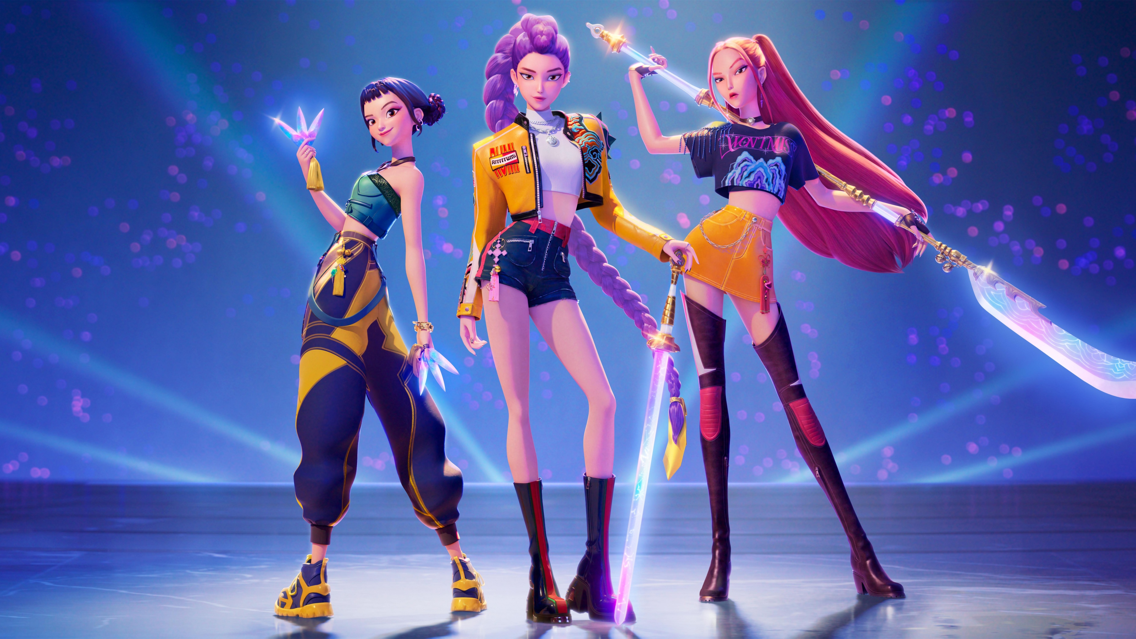 A cinematic, wide-angle view of Rumi, Mira, and Zoey from Huntrix, dressed as KPop demon hunters with futuristic weapons and stylish combat gear.