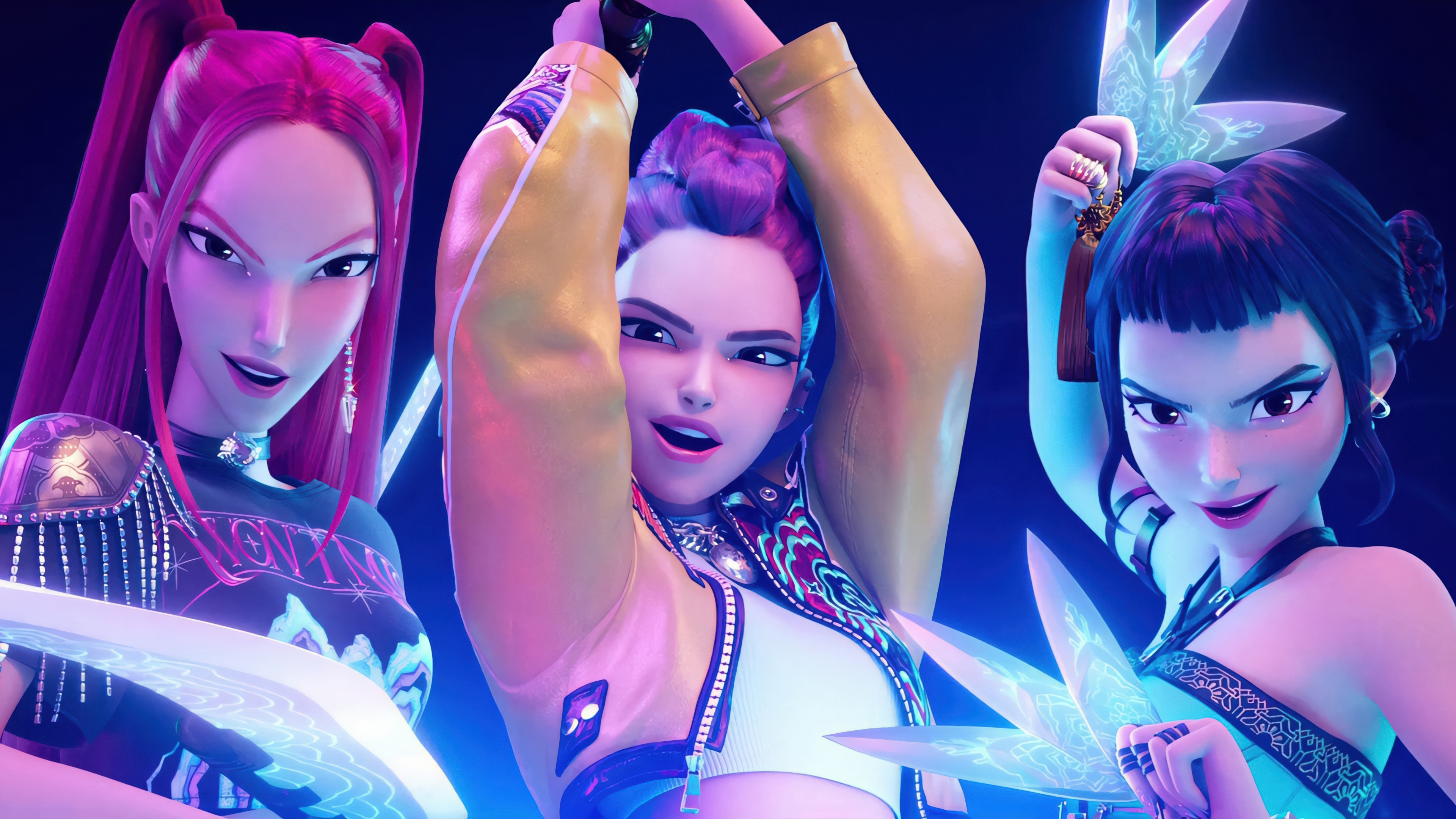 Rumi, Mira, and Zoey from the Huntrix group, styled as K-Pop inspired demon hunters with detailed combat attire.