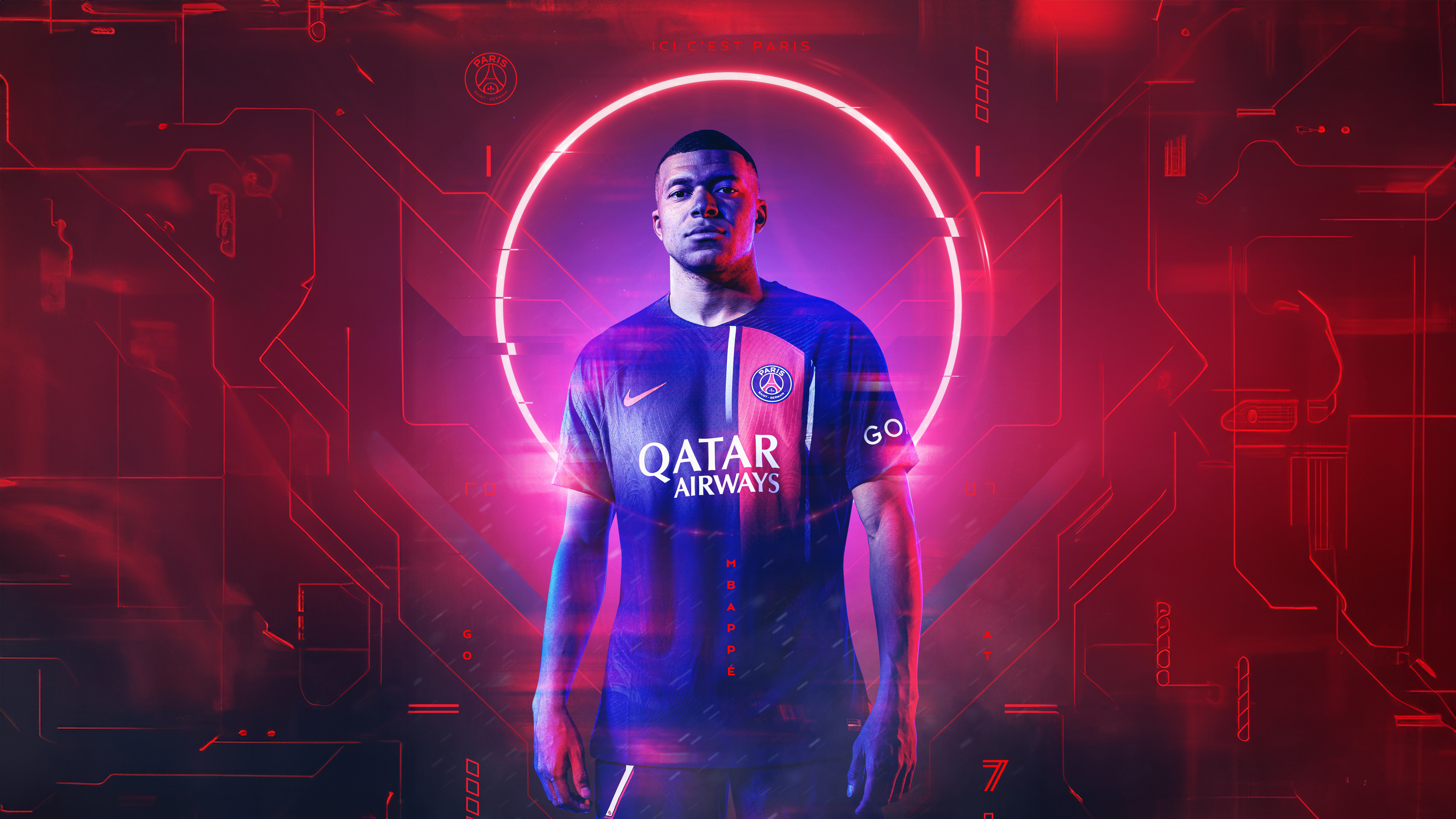 Kylian Mbappé in a dark red neon aesthetic background.