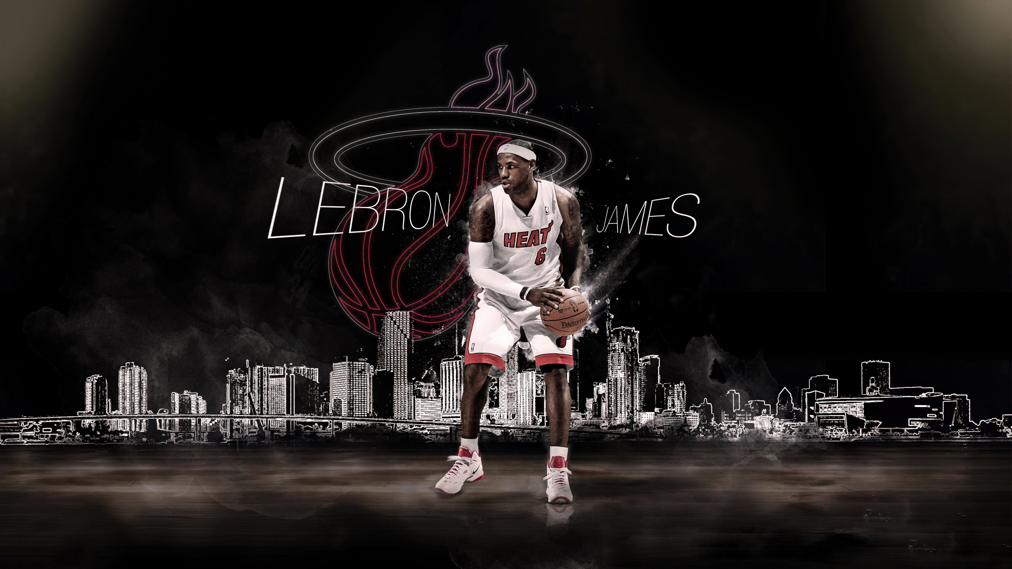 LeBron James wearing a Miami Heat jersey against a dark, moody background
