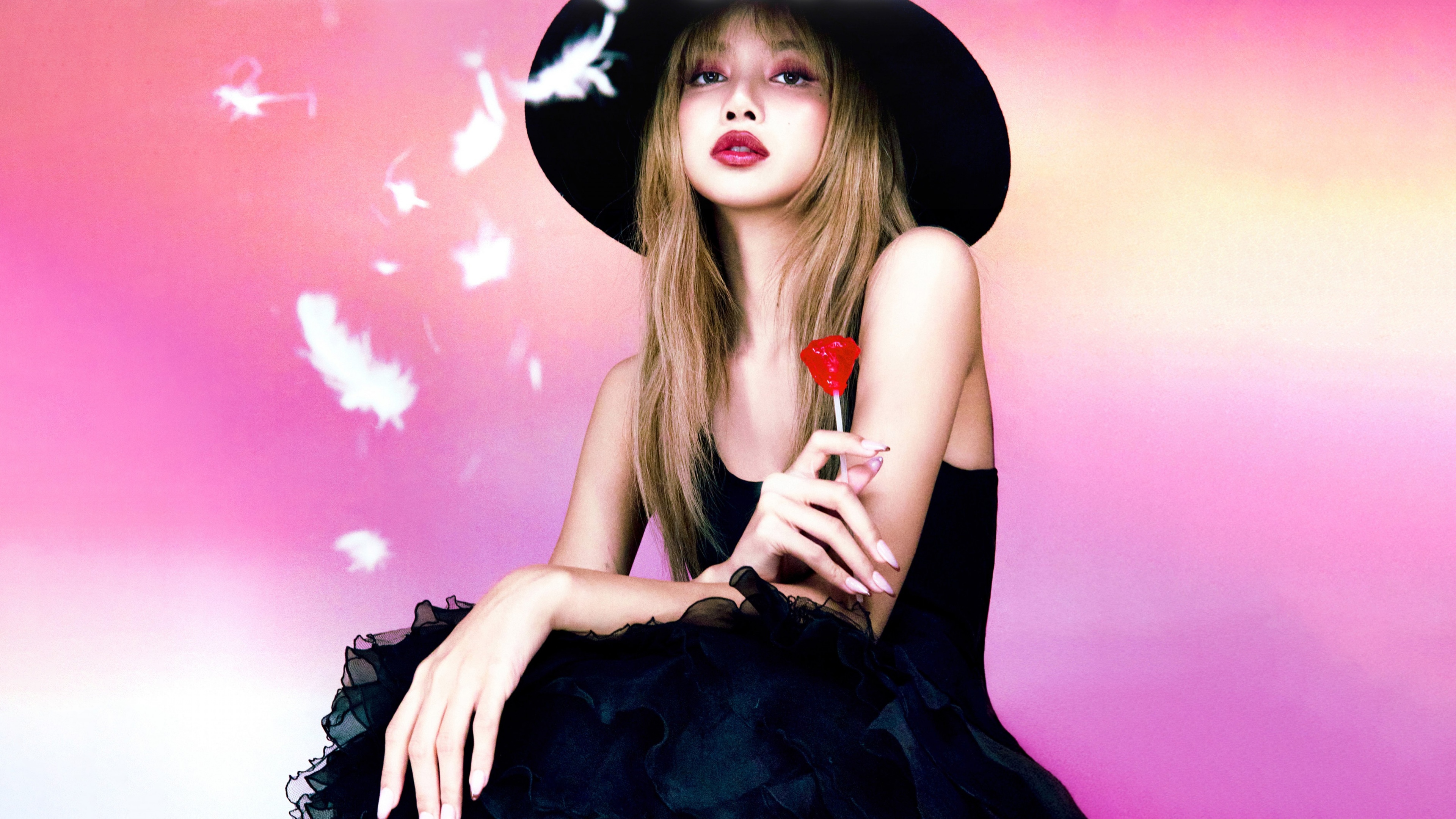 A high-resolution 5K portrait of Lisa paired with a vibrant red rose against a smooth gradient background.