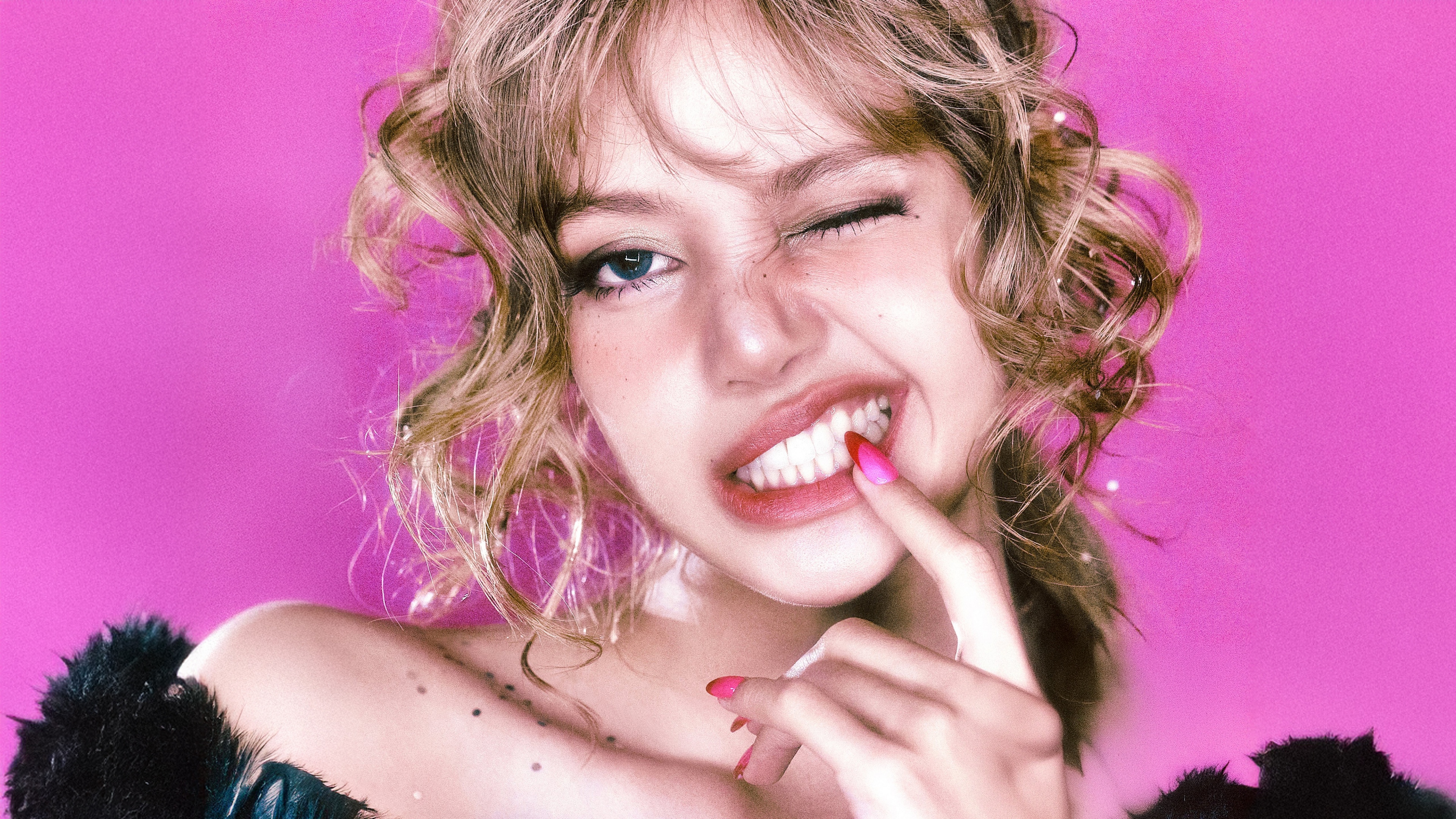 A high-resolution fashion portrait of Lisa from BLACKPINK against a soft pink background in the style of Marie Claire Korea.