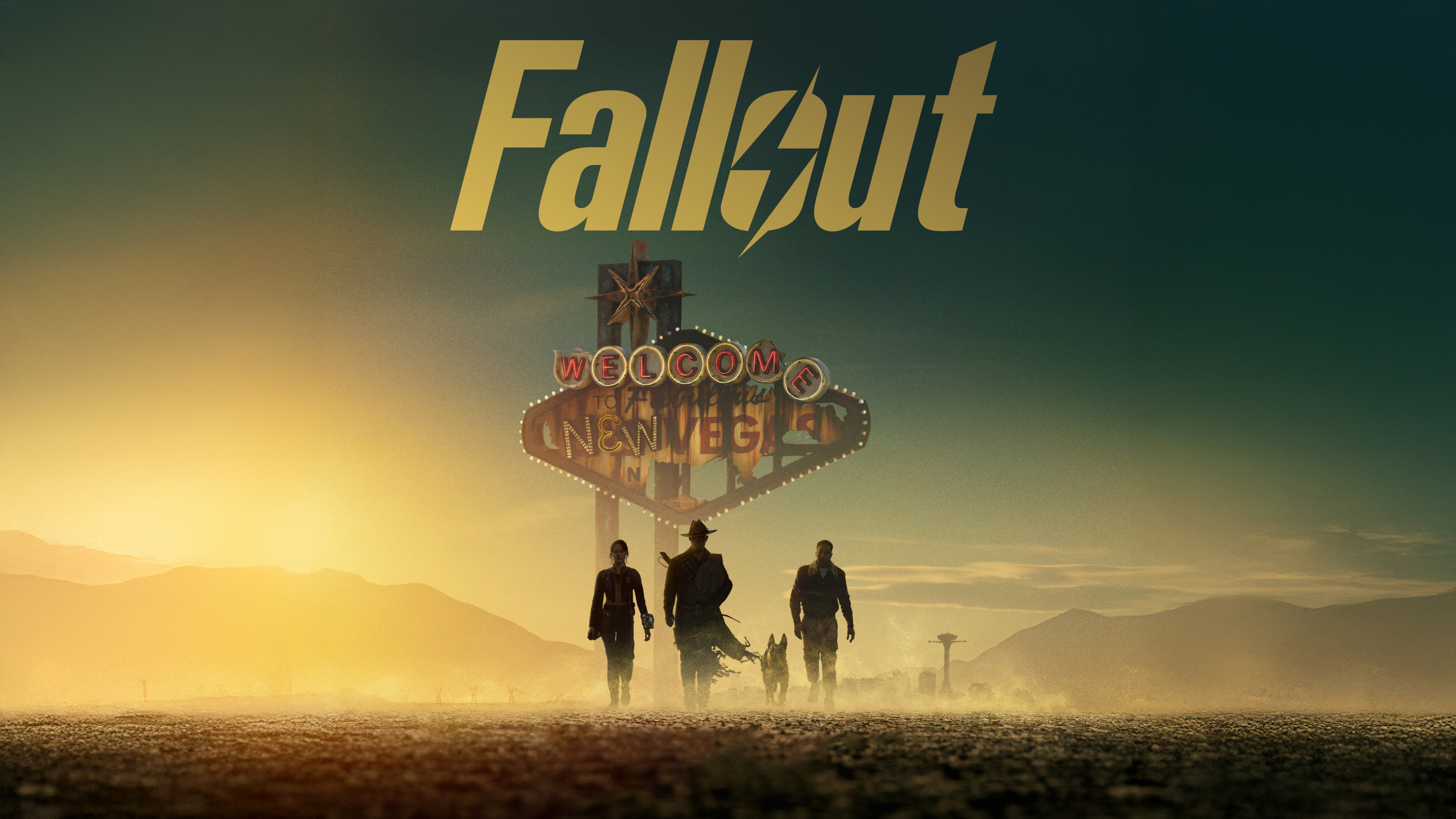 Characters Lucy MacLean, The epic wasteland survivor The Ghoul, Maximus, and Dogmeat from the Fallout Amazon Original Series.