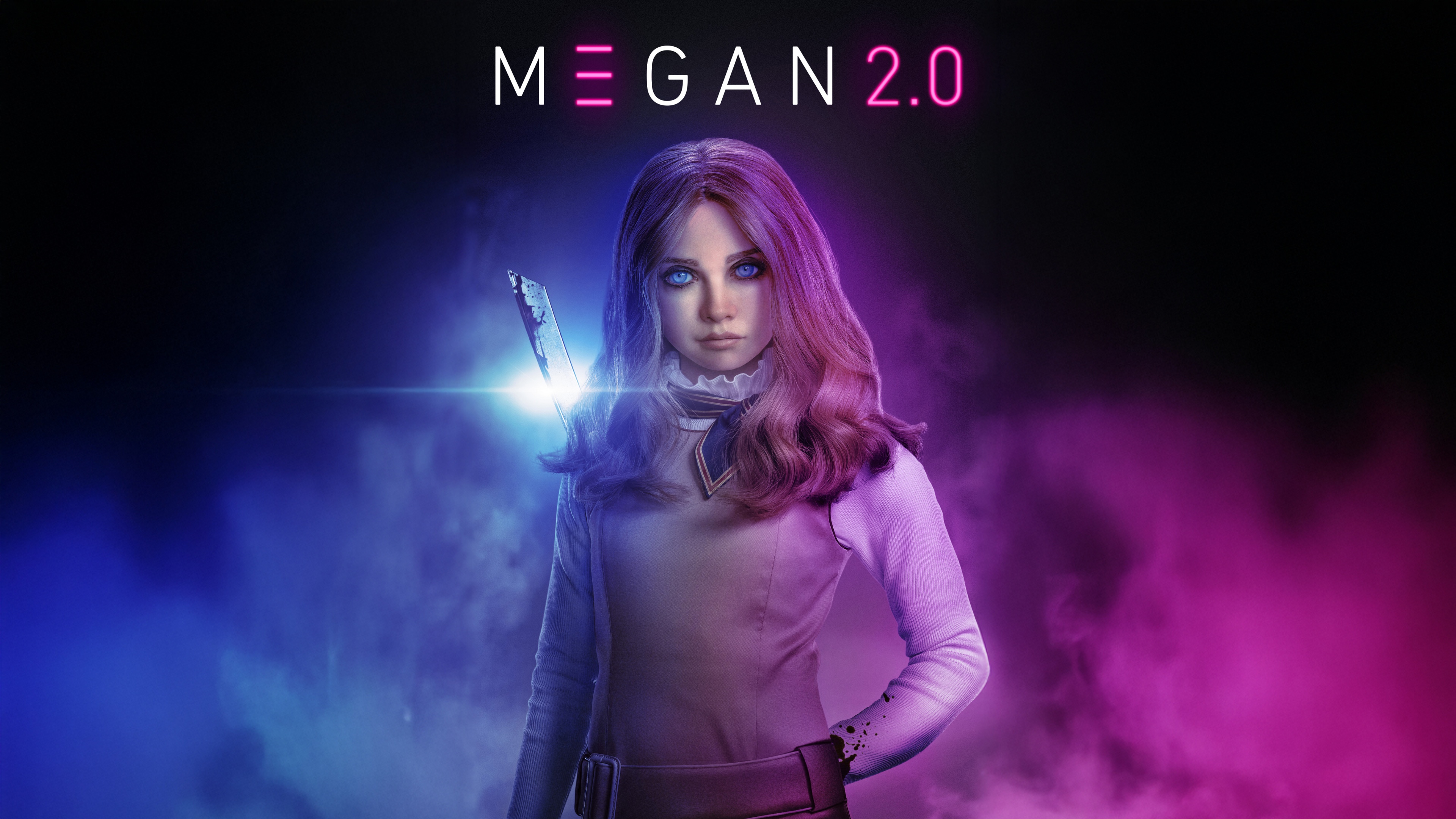 A cinematic movie poster for M3GAN 2.0 featuring the character M3GAN against a bright neon-lit background.