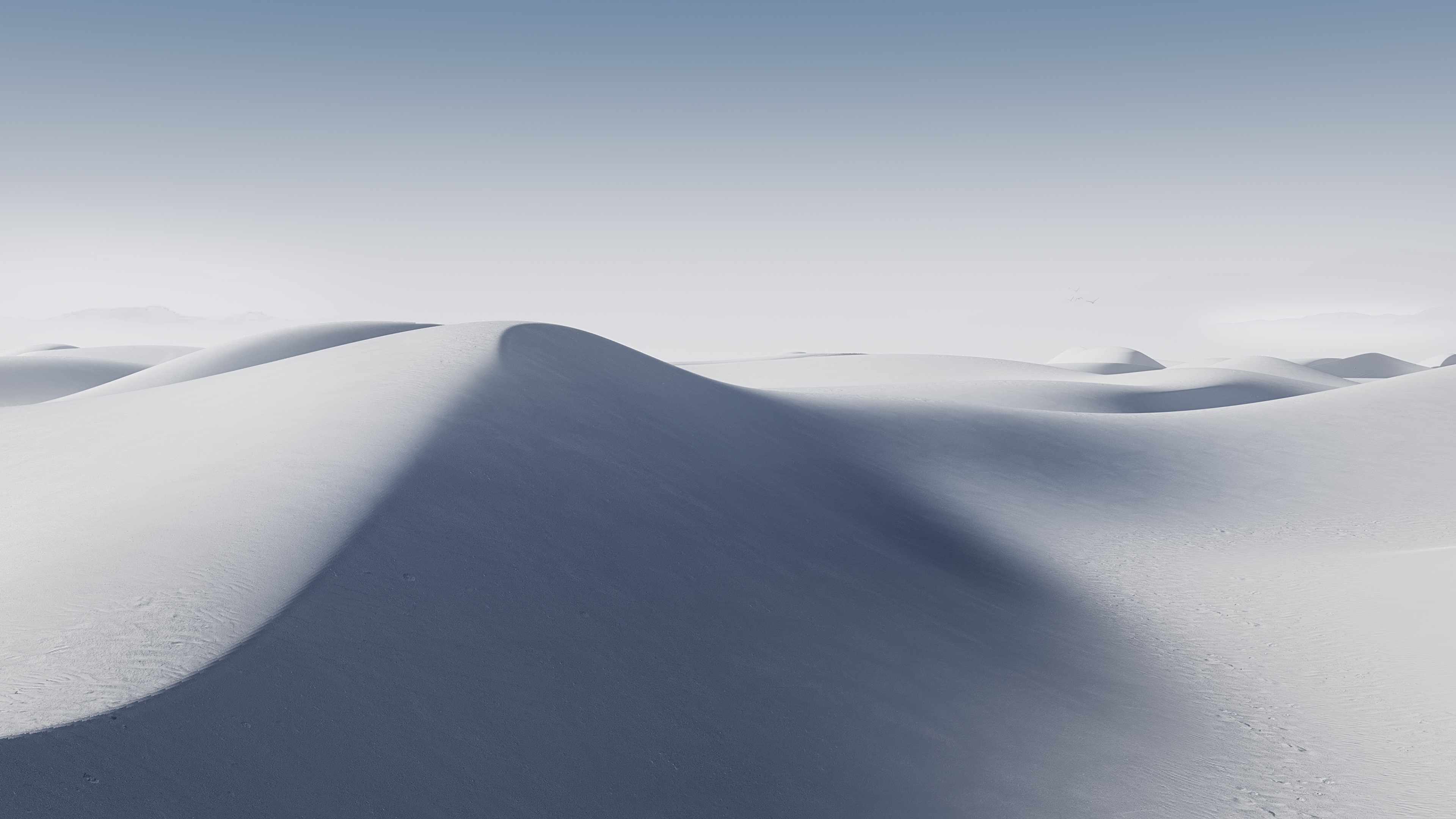 A minimalist view of flowing white sand dunes creating smooth, rhythmic patterns under bright, even light.
