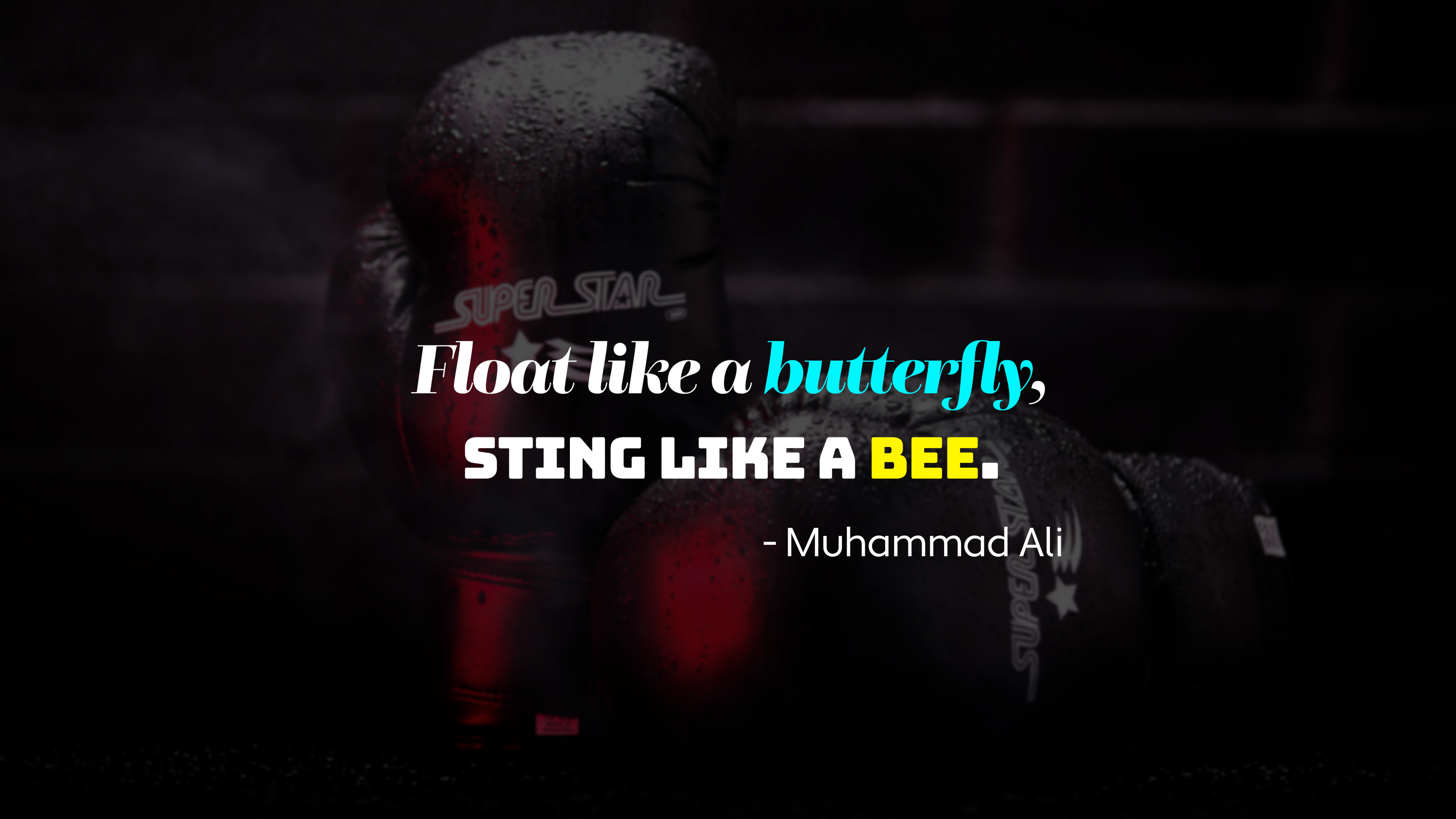 Dramatic image of Muhammad Ali's boxing gloves with inspirational quotes on a dark background.
