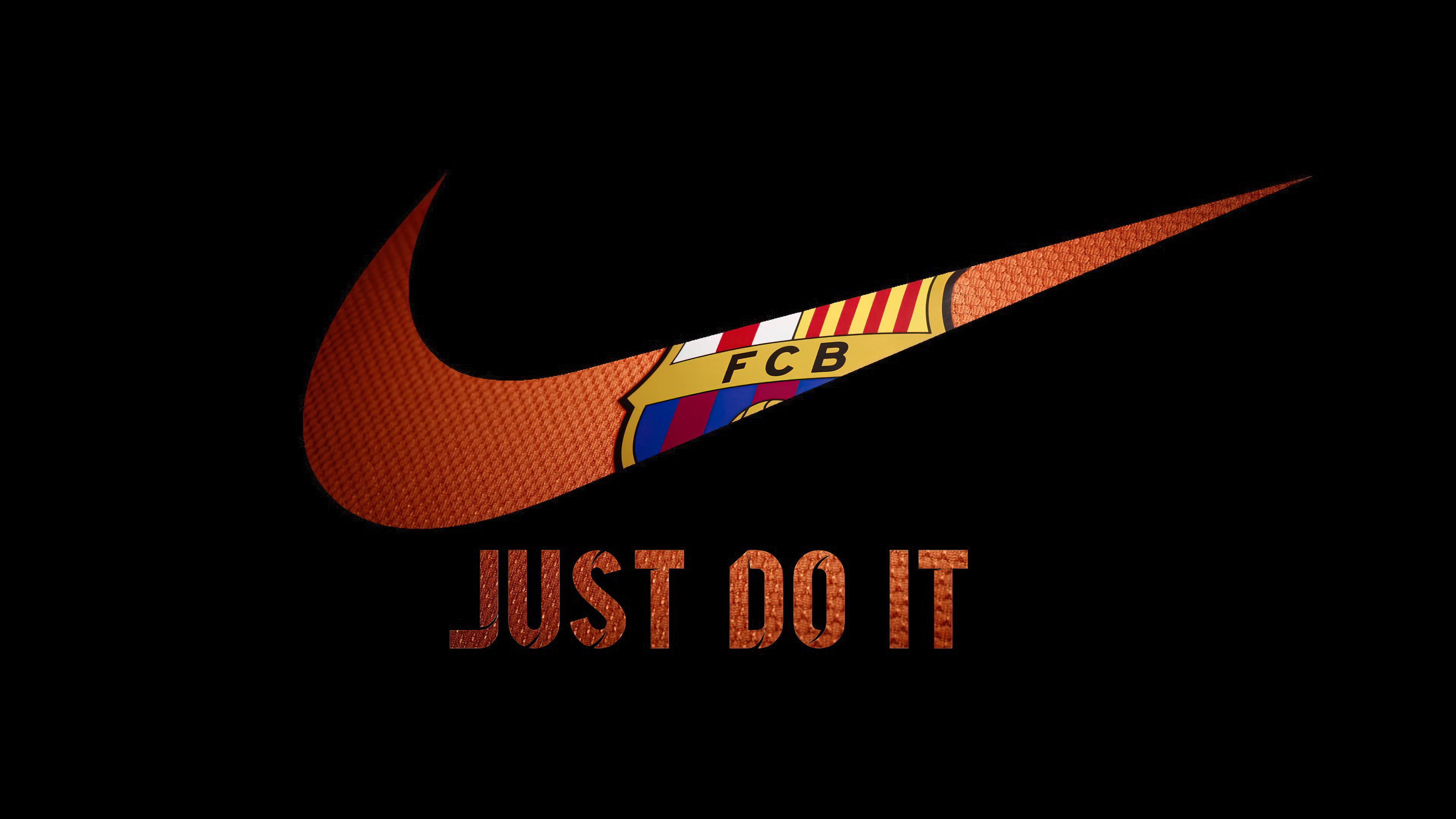 High-contrast logo design featuring the FC Barcelona crest and Nike Just Do It slogan on a solid black background.