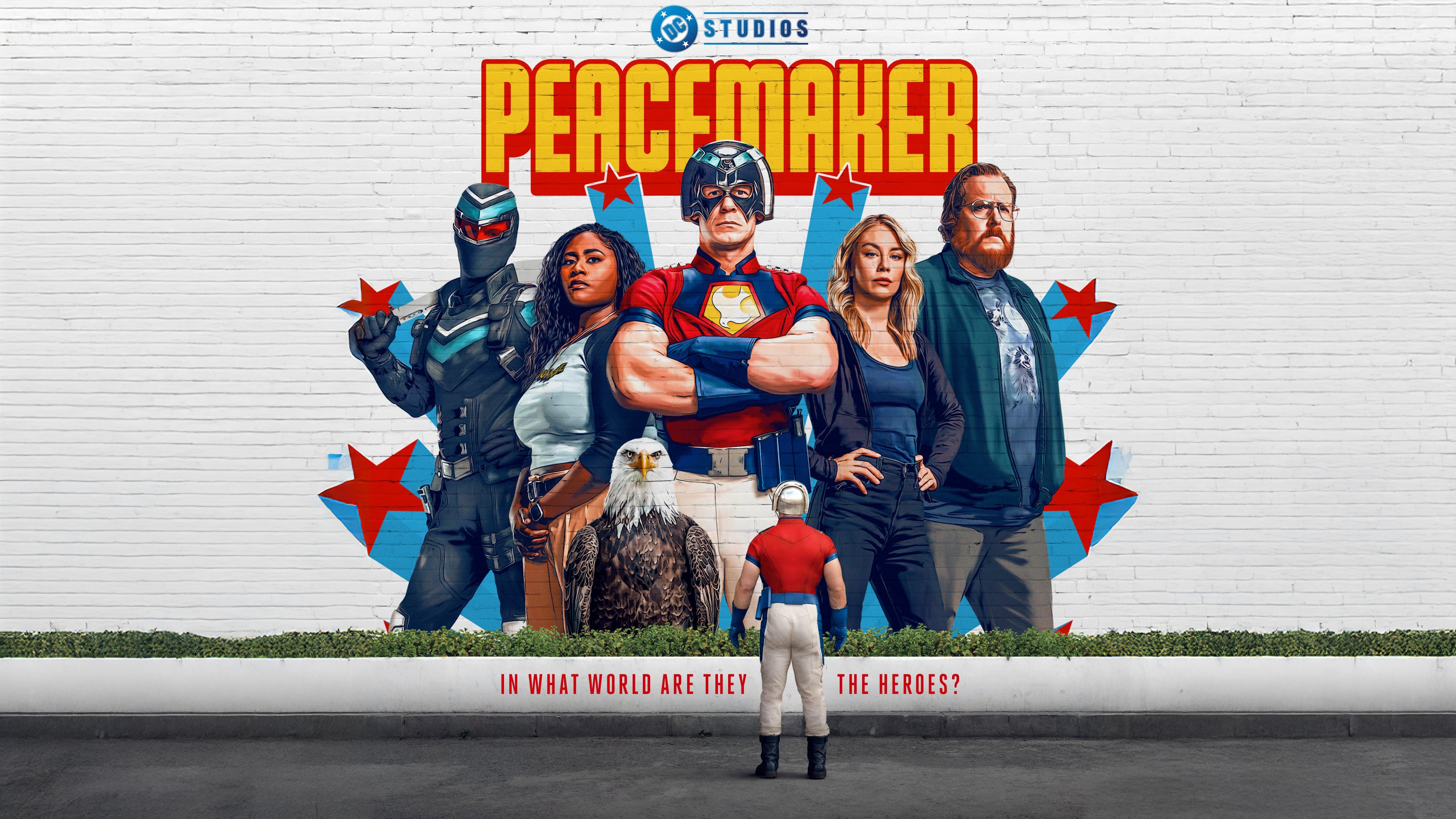 A cinematic, high-definition portrait of the character Peacemaker from the DC Comics HBO series.