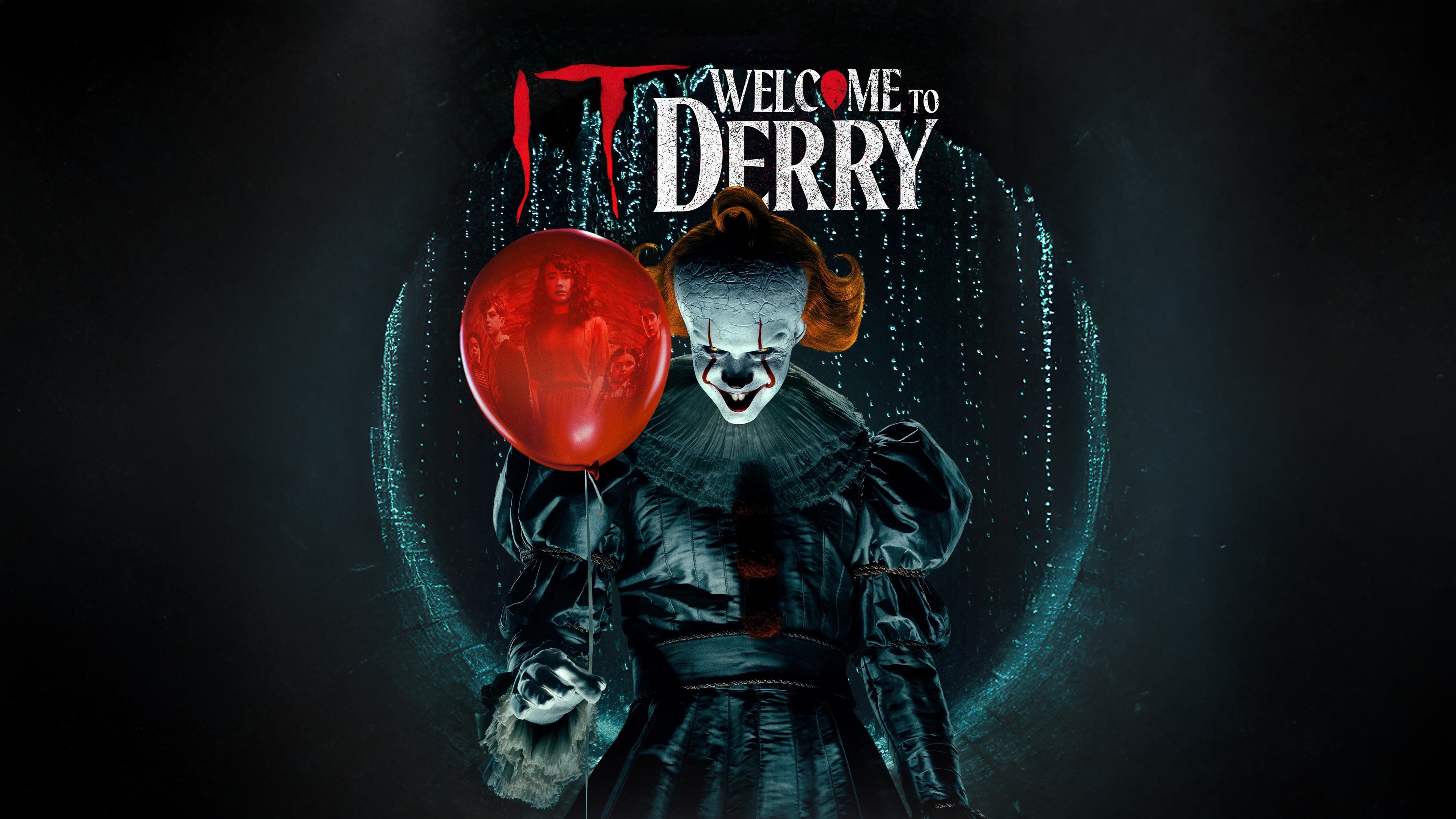 A chilling, cinematic close-up of Pennywise the Dancing Clown from the IT: Welcome to Derry television series.