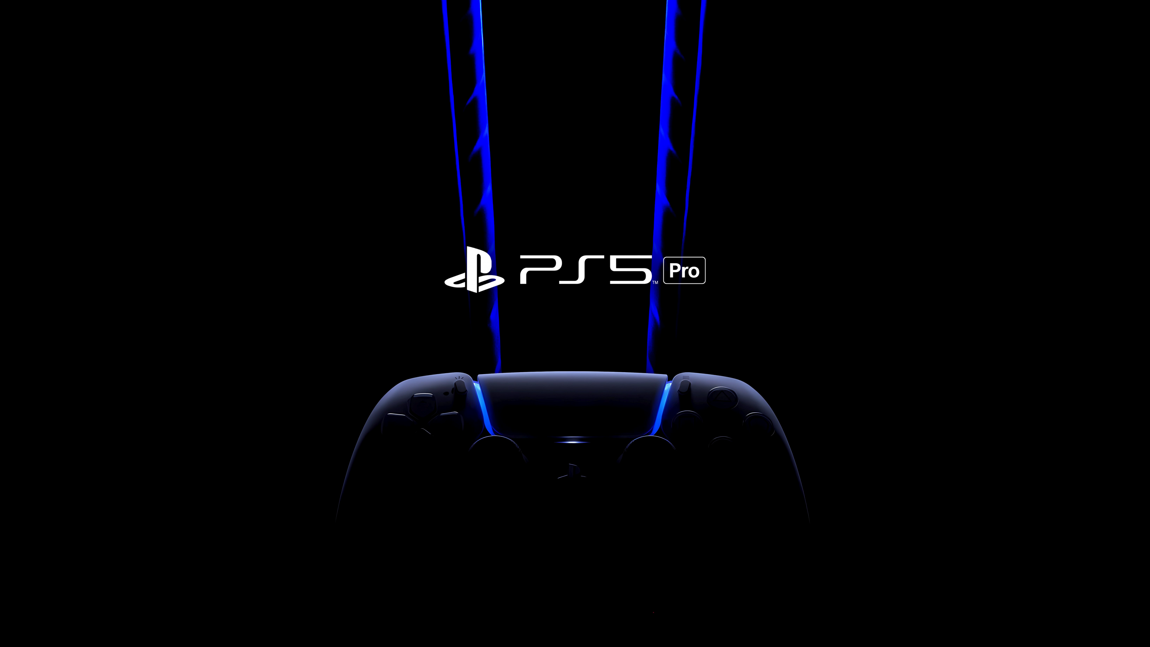 A high-resolution, close-up view of the PlayStation 5 Pro console and DualSense wireless controller with vibrant lighting.