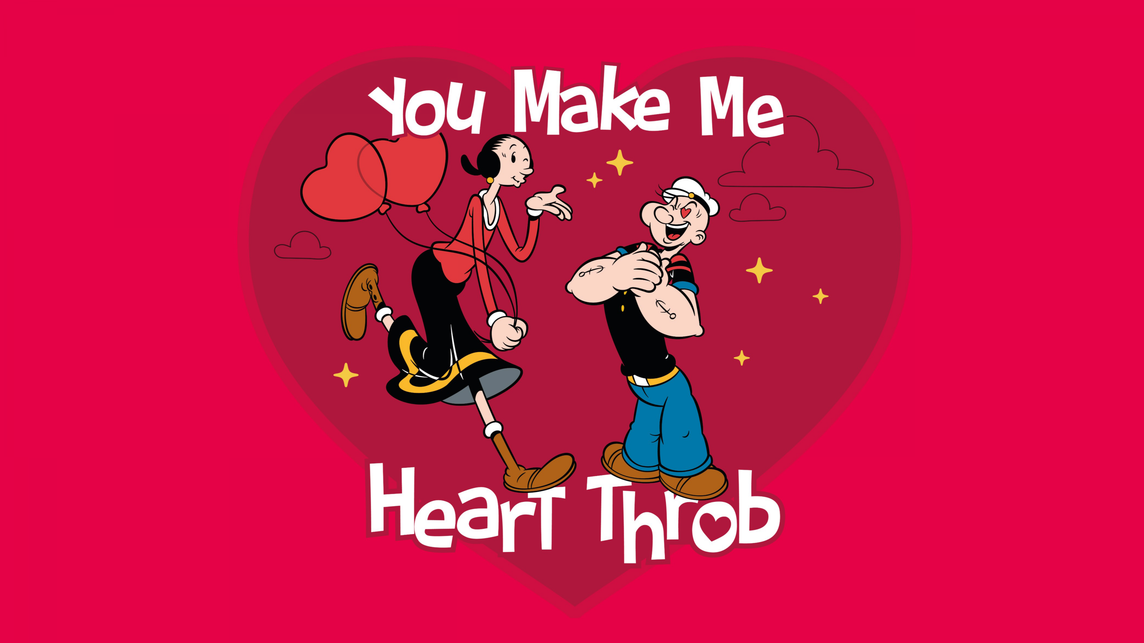 Cartoon illustration of Popeye the Sailor Man and his partner in a romantic Valentine's Day scene with red hearts and a red background.
