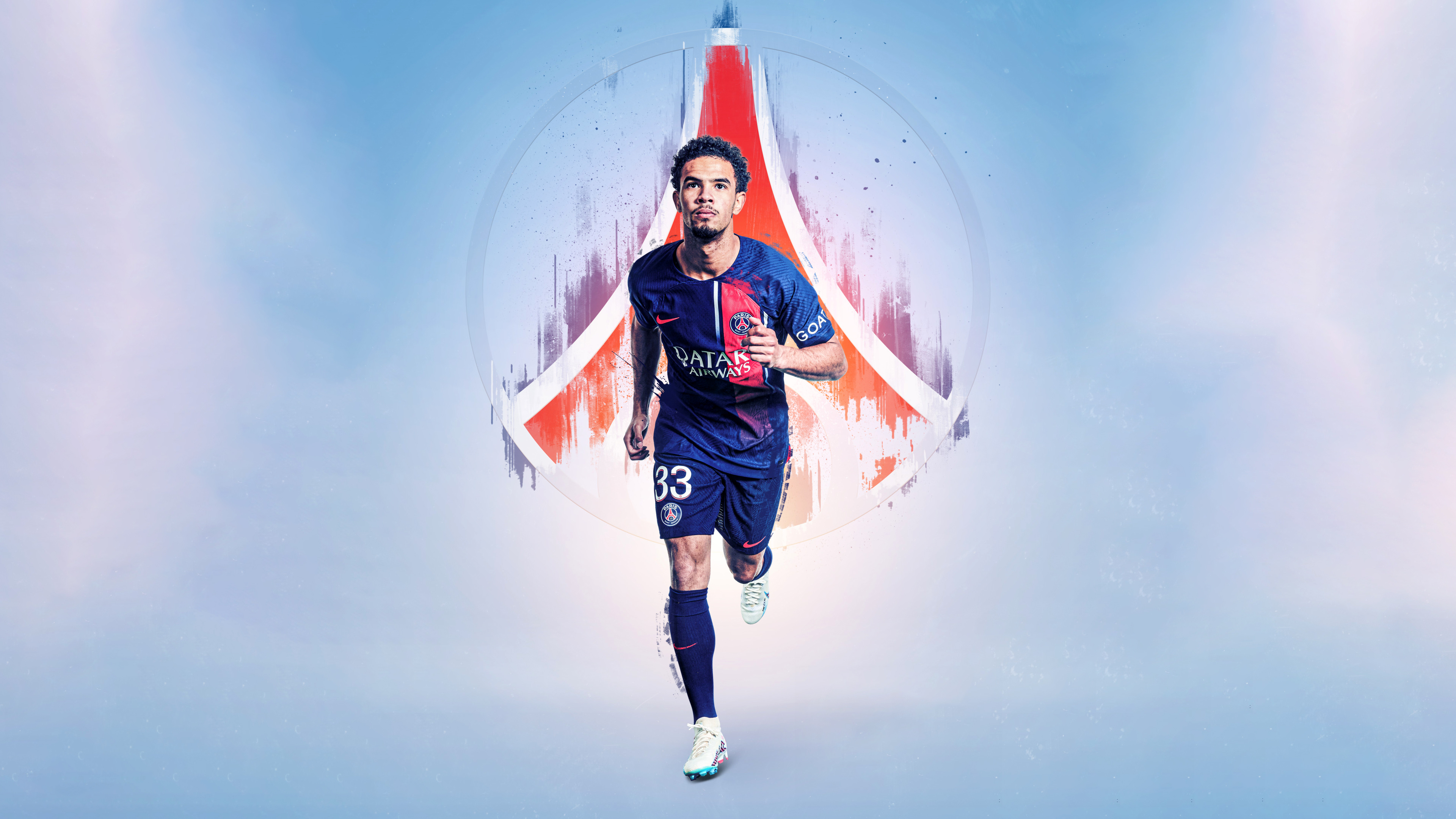 A professional French soccer player wearing the blue and red Paris Saint-Germain football kit.