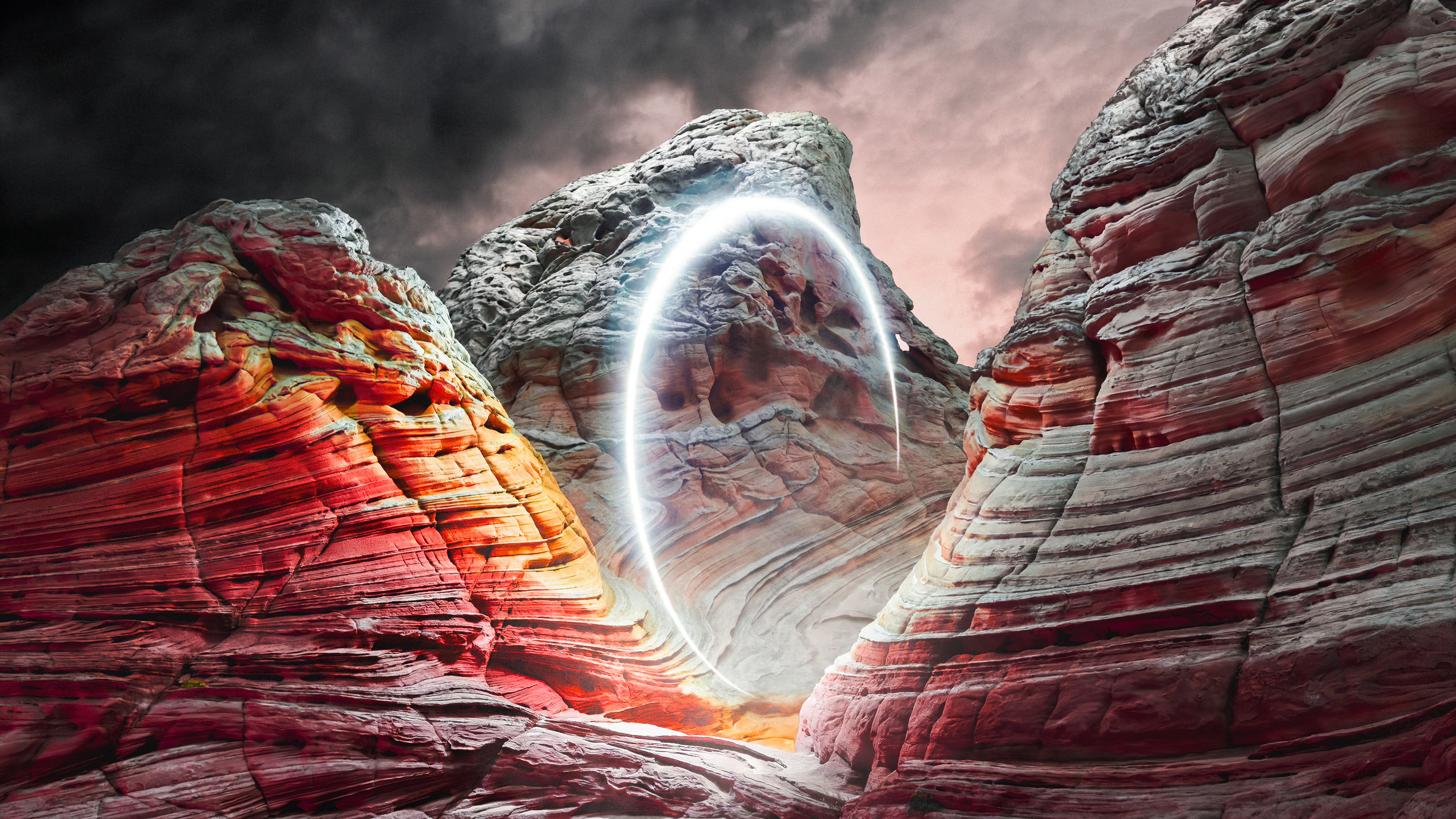 A glowing circular light illuminating the rocky walls of a canyon during a dramatic sunset.