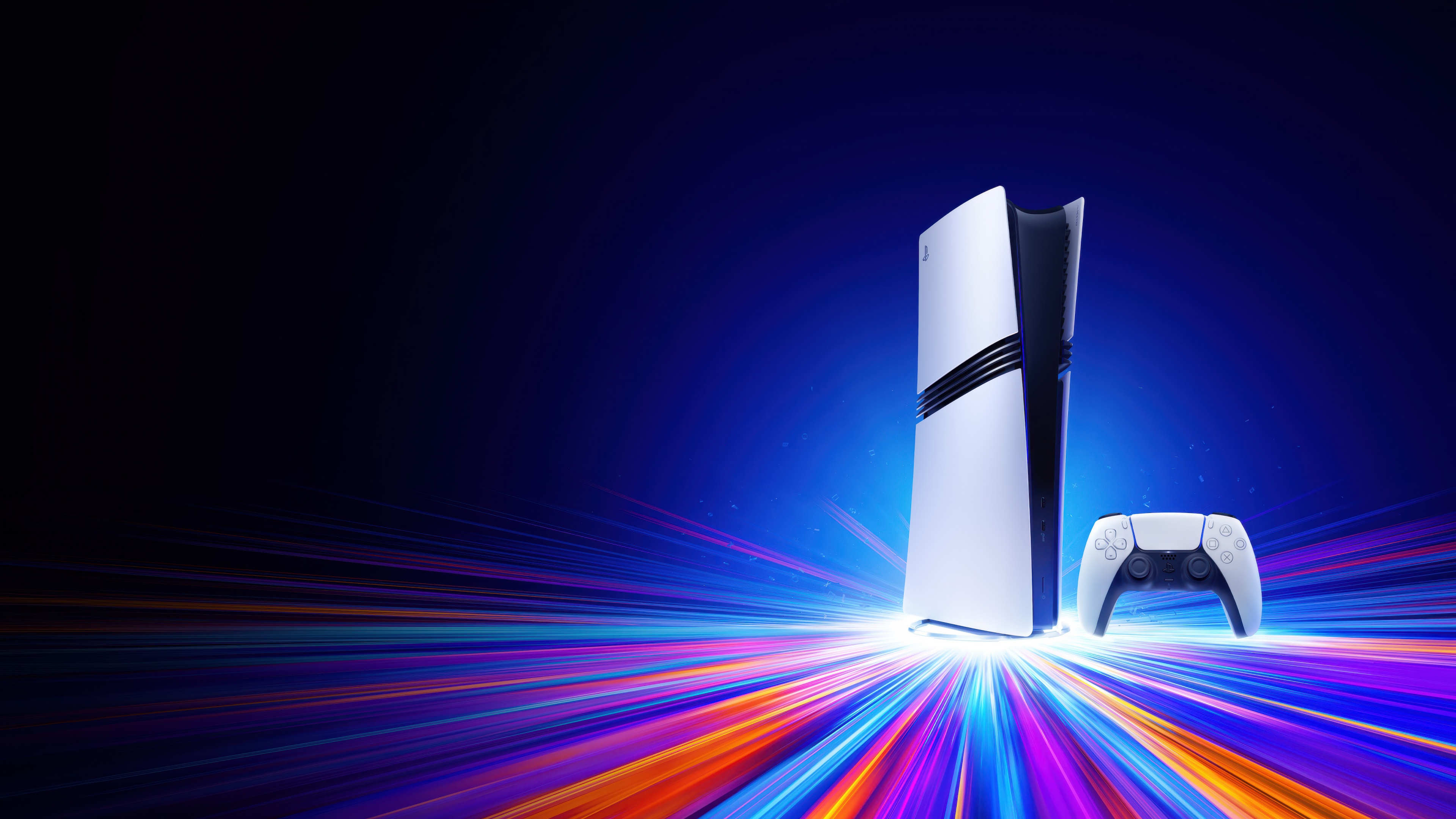 A high-resolution 5K image of the PlayStation 5 Pro console and DualSense Wireless Controller with radiant, glowing lighting effects.