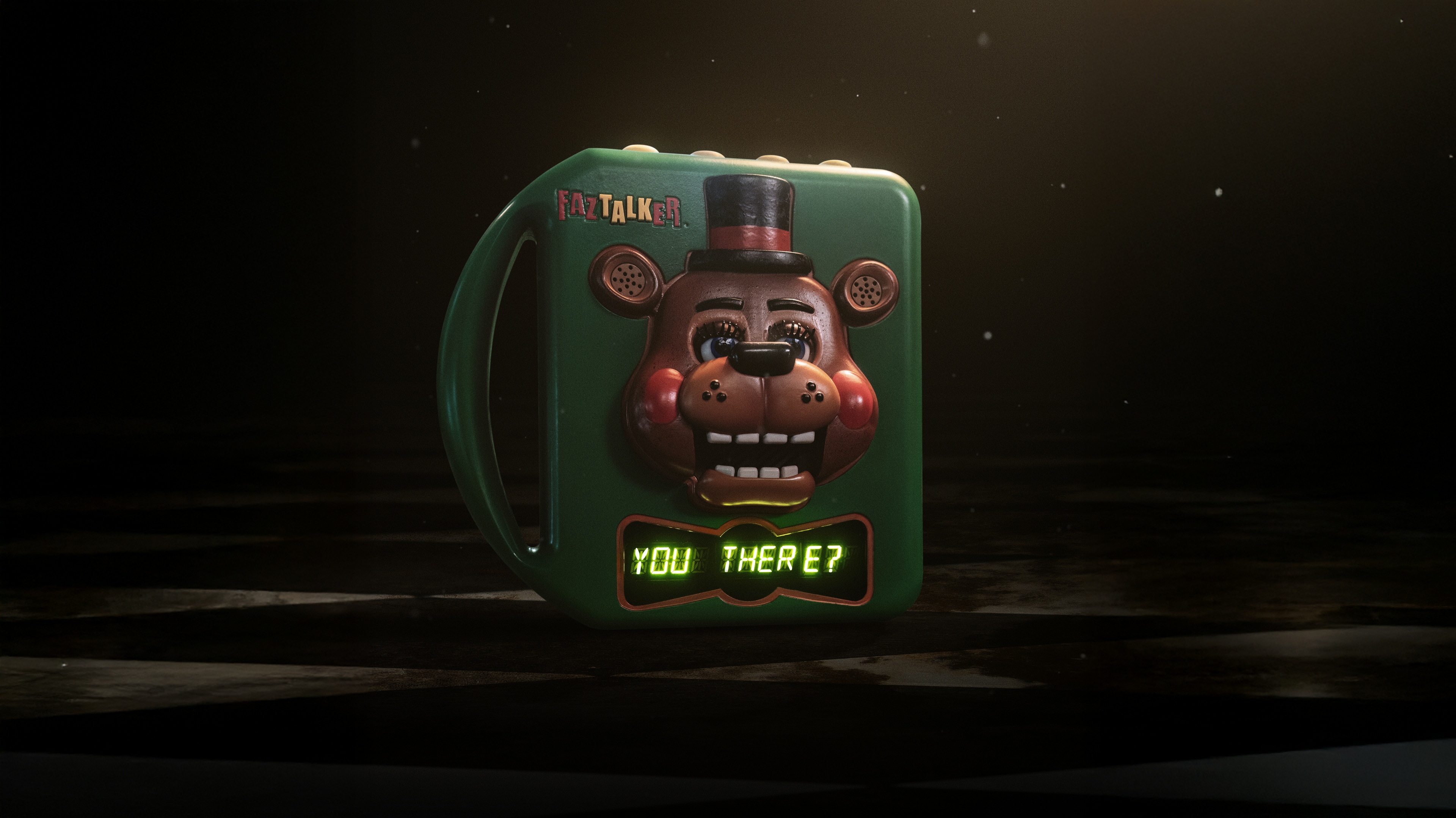 A retro-style cinematic poster of Freddy Fazbear from Five Nights at Freddy's featuring a dark, atmospheric background.