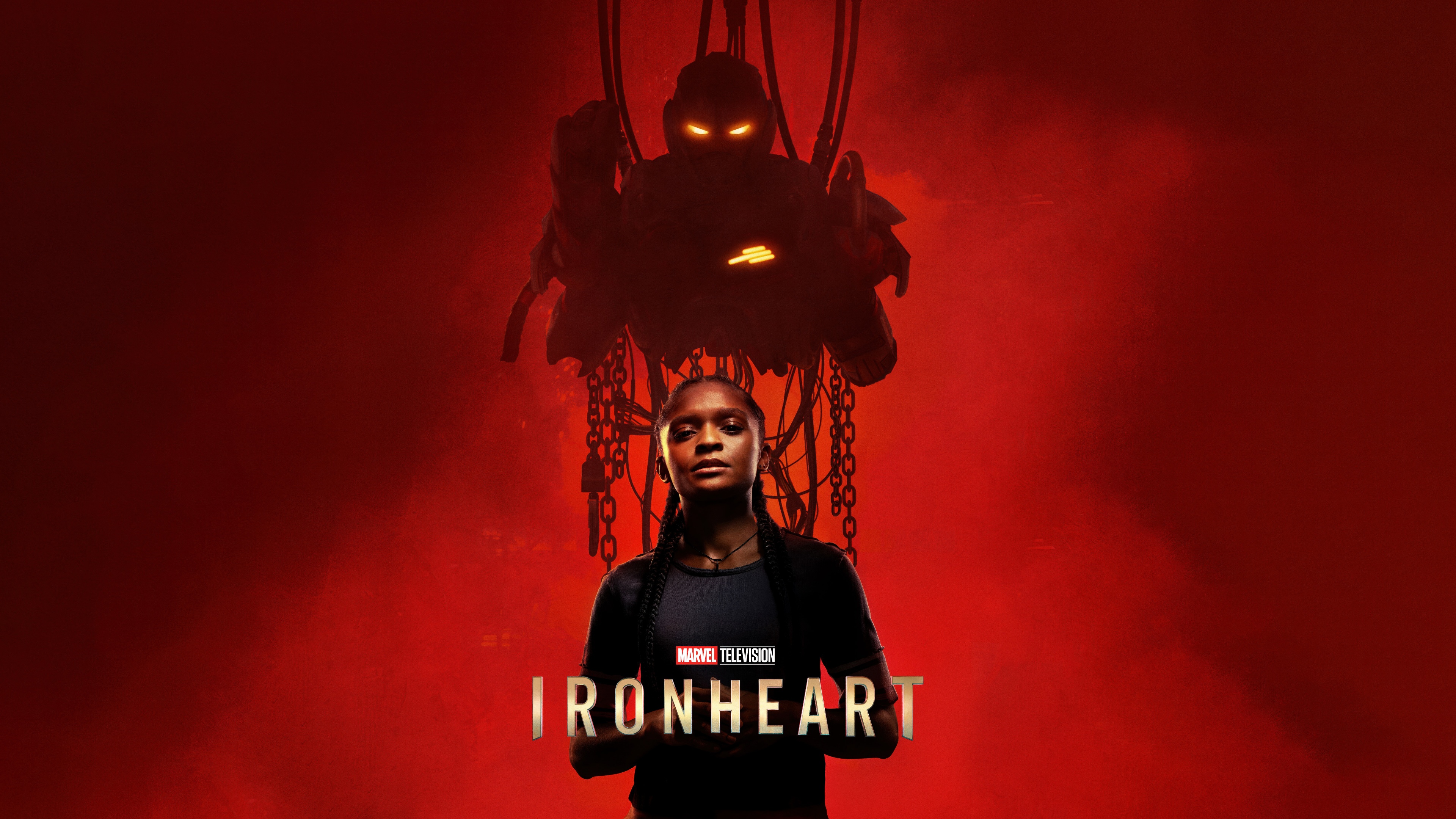 A cinematic portrait of Riri Williams, also known as Ironheart, from the Marvel Cinematic Universe against a bold red background.