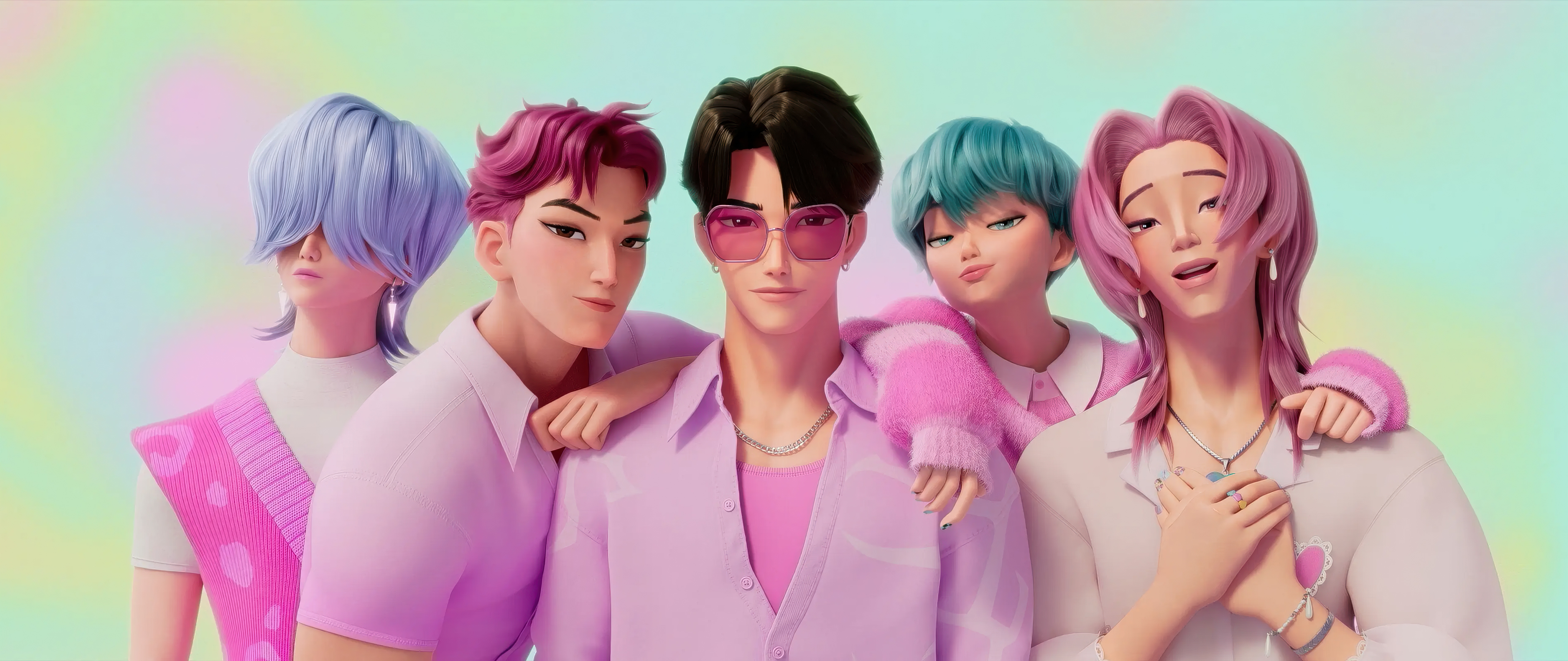 A cinematic ultrawide view of the Saja Boys, a group of K-Pop inspired demon hunters dressed in stylish tactical gear.