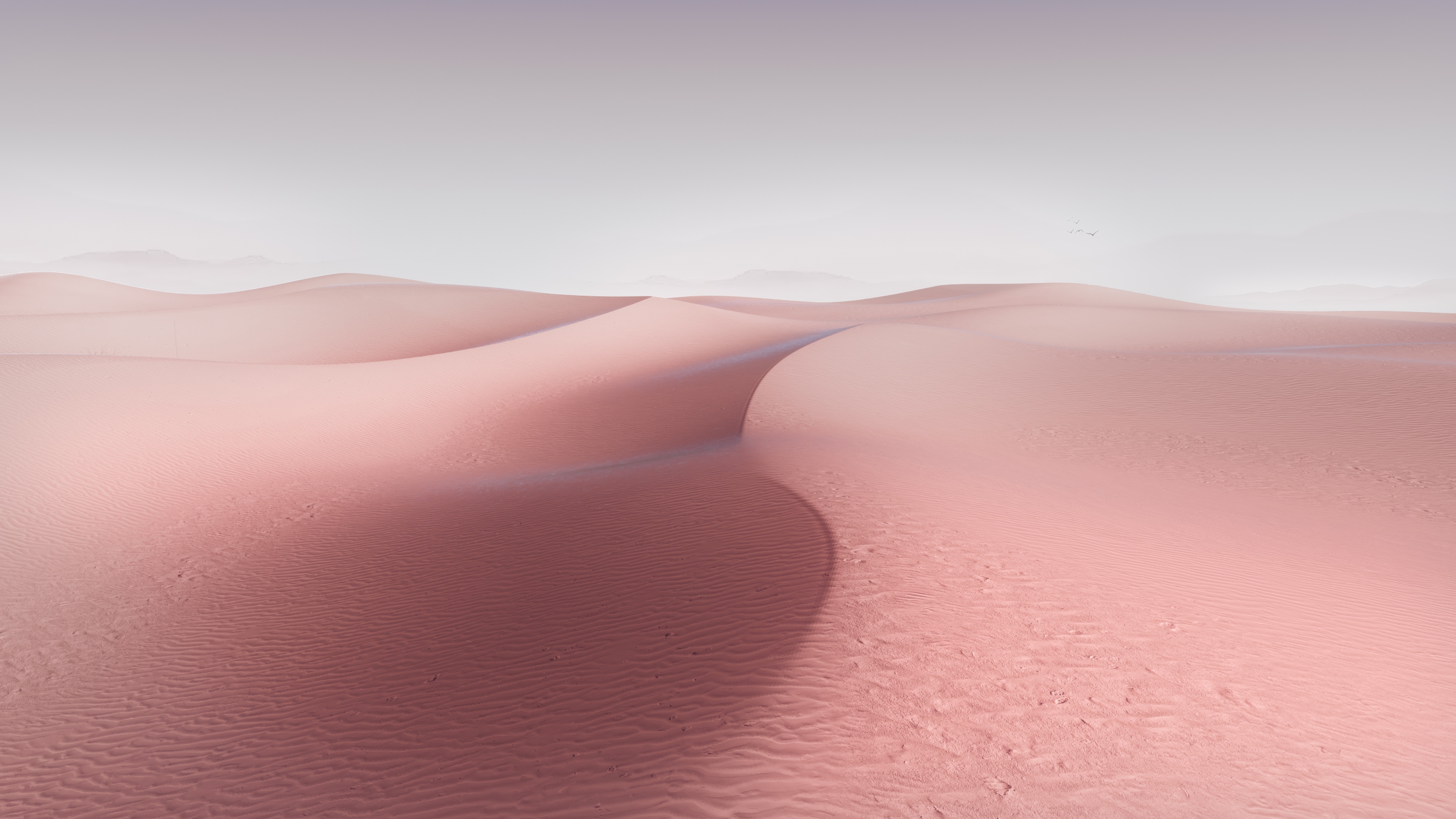 Minimalist view of undulating sand dunes in a soft pink desert landscape.