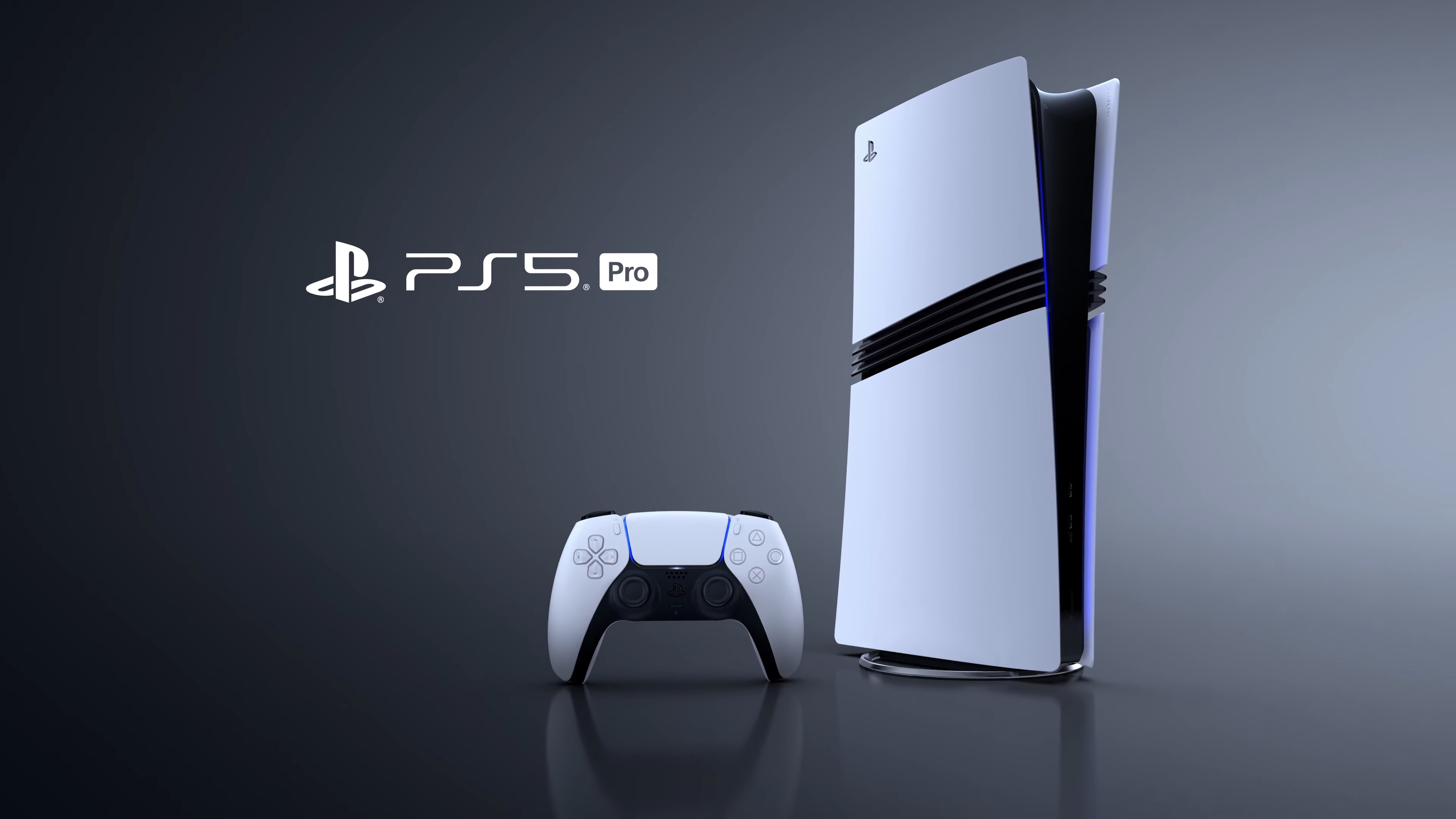 Official high-resolution studio render of the Sony PlayStation 5 Pro gaming console showing its modern design.