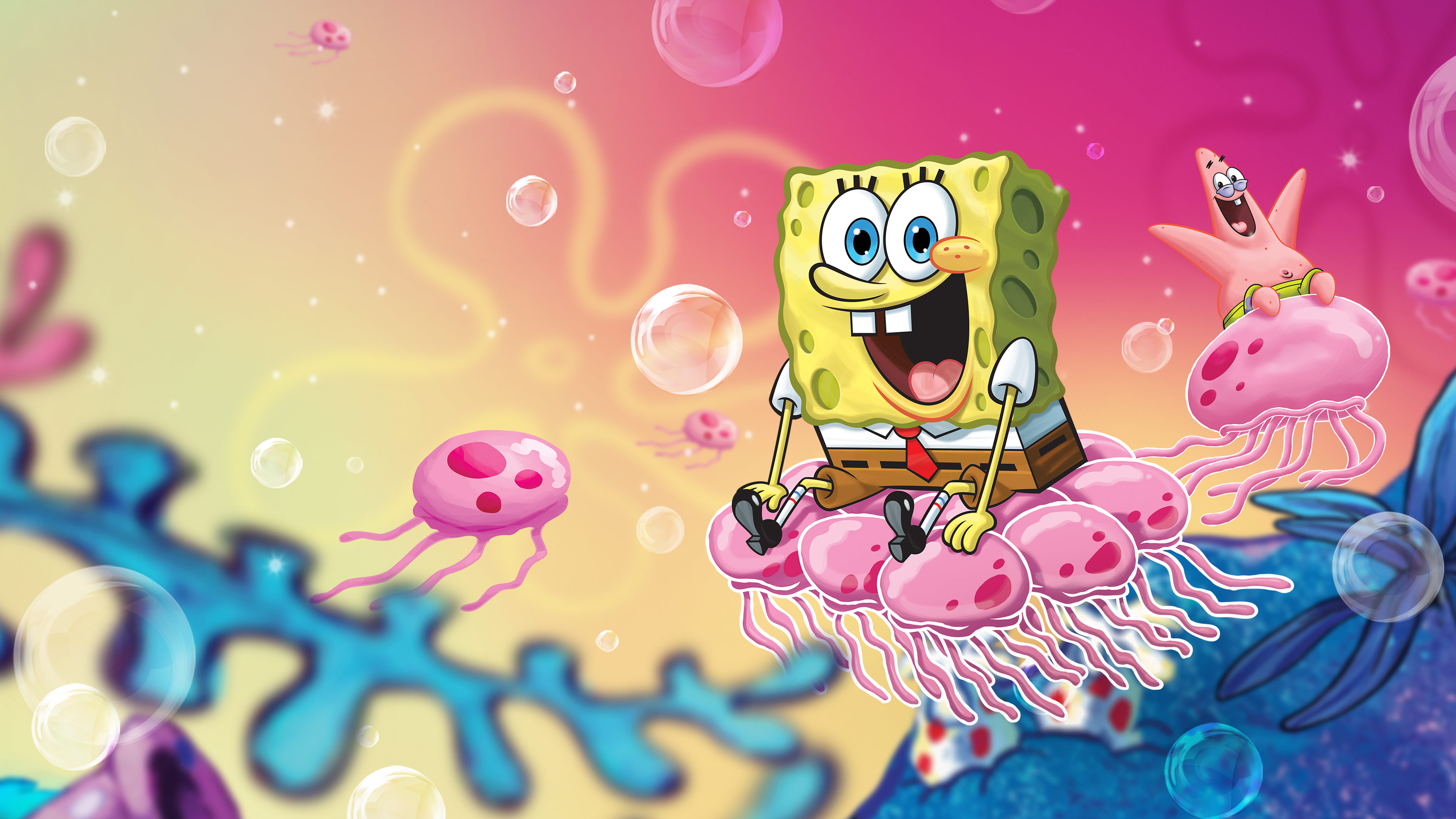 SpongeBob SquarePants and Patrick Star swimming among jellyfish underwater in Bikini Bottom.