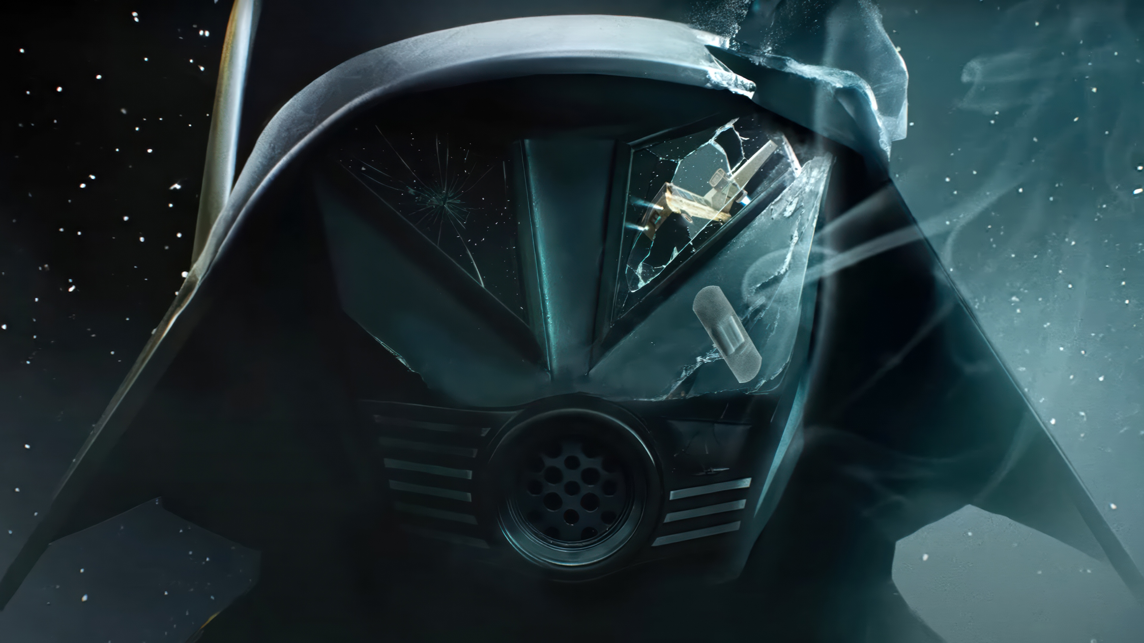 A dramatic image of Darth Vader from Star Wars visible through a cracked and broken digital screen.