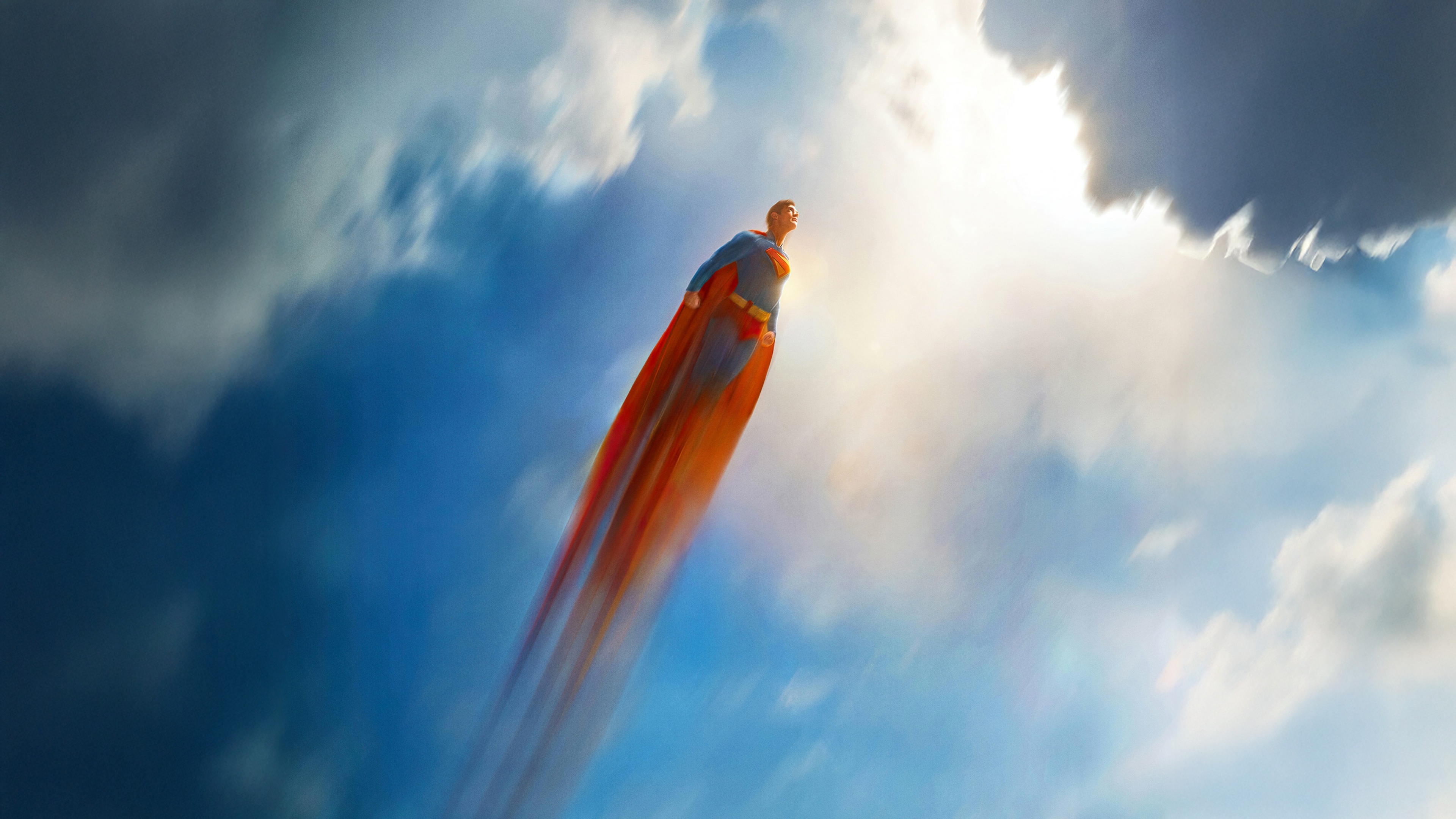 Superman flying high through the clouds in the DC Superheroes universe.