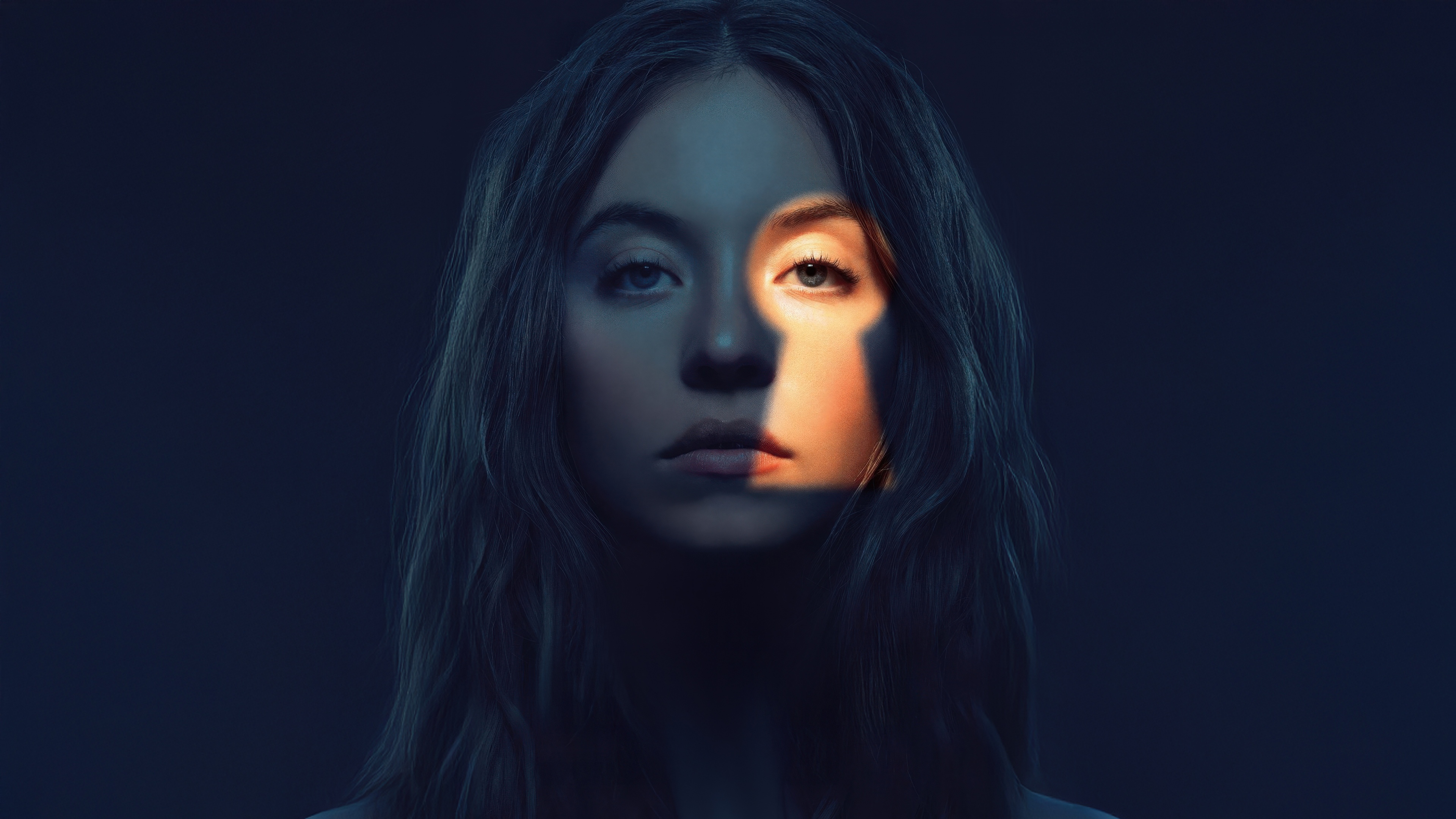 A cinematic and moody portrait of Sydney Sweeney from the 2025 movie The Housemaid.
