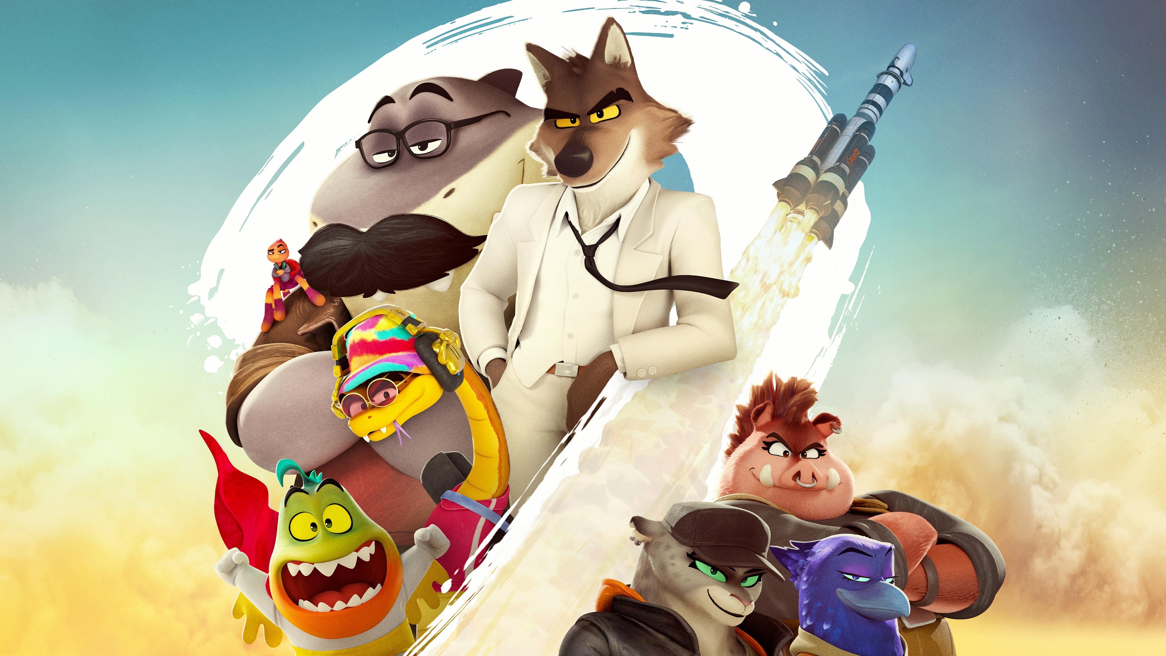 Characters from the animated film The Bad Guys 2, including Mr. Wolf and Mr. Snake, in a high-action scene.
